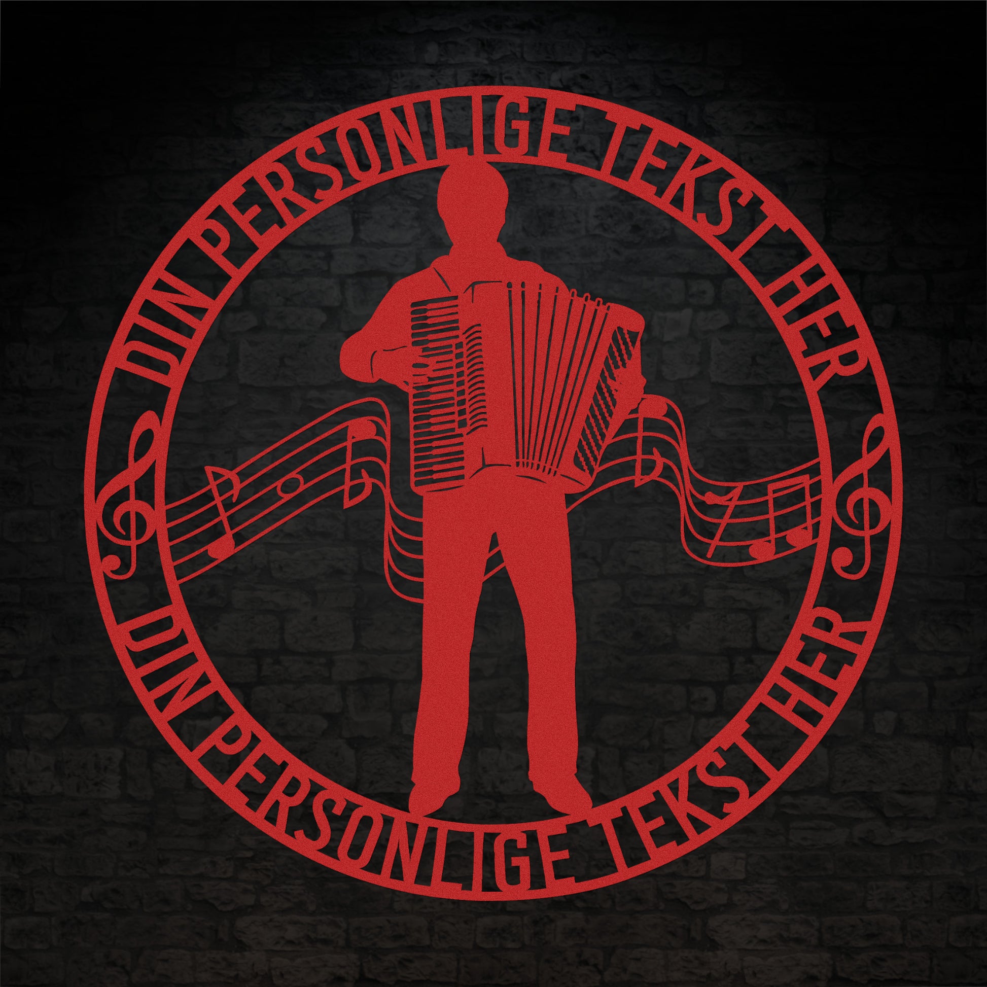 Harmonika metal vægskilt i rød med personlig tekst. Unik musiker gaveidé