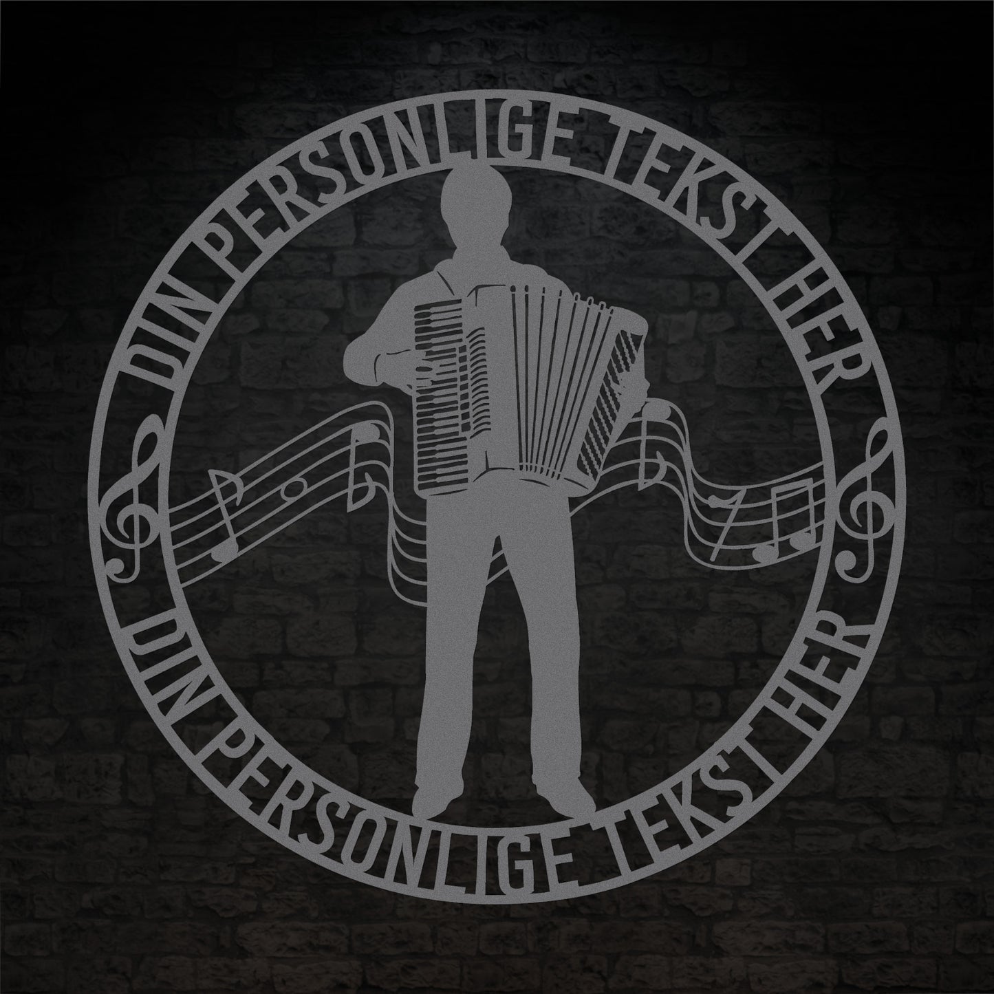 Harmonika metal vægskilt i sølv med personlig tekst. Unik musiker gaveidé