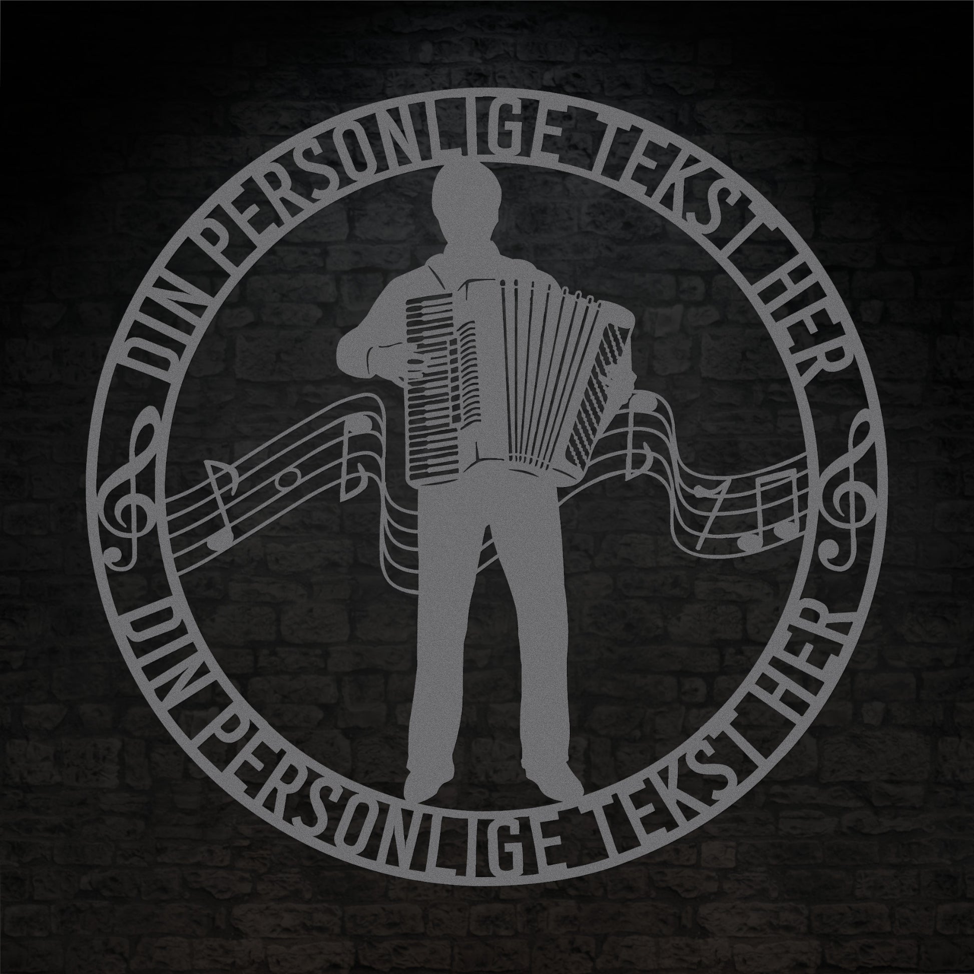 Harmonika metal vægskilt i sølv med personlig tekst. Unik musiker gaveidé