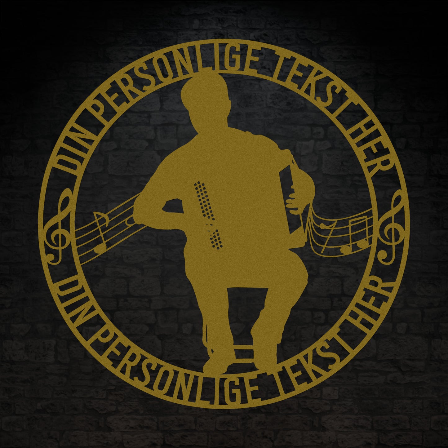 Harmonika spiller - Rund vægskilt i guld med personlig tekst. Unik musiker gaveidé