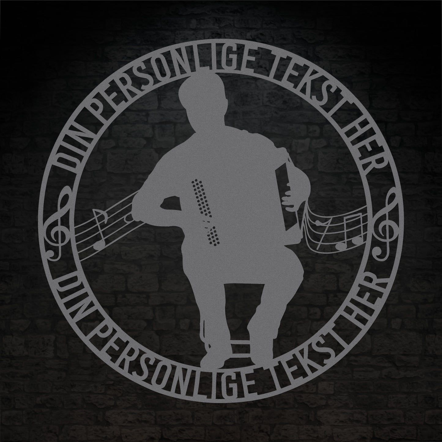 Harmonika spiller - Rund vægskilt i sølv med personlig tekst. Unik musiker gaveidé