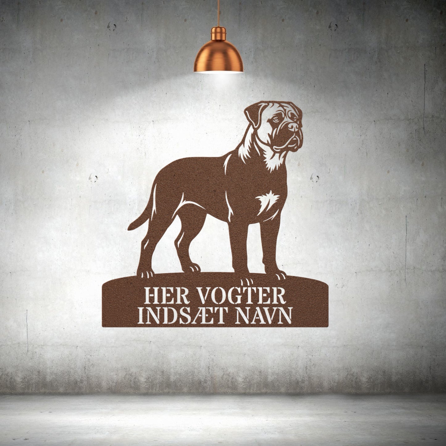 Her vogter jeg. Brun Bullmastiff metal navneskilt....