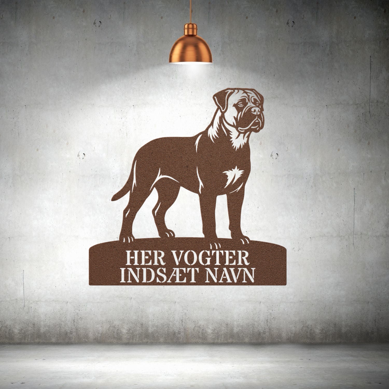 Her vogter jeg. Brun Bullmastiff metal navneskilt....