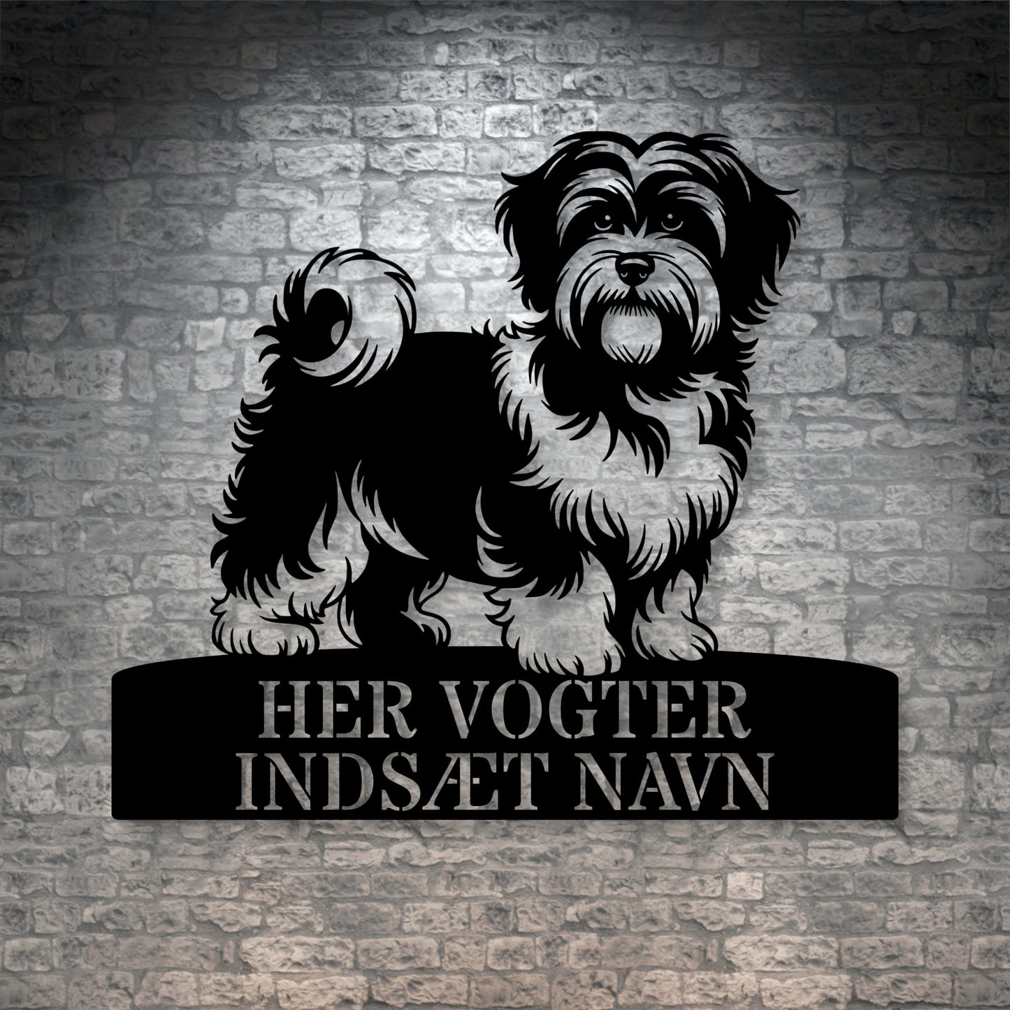 Her vogter jeg. Havaneser metalskilt med personlig navn. Unik hundeejer gaveide