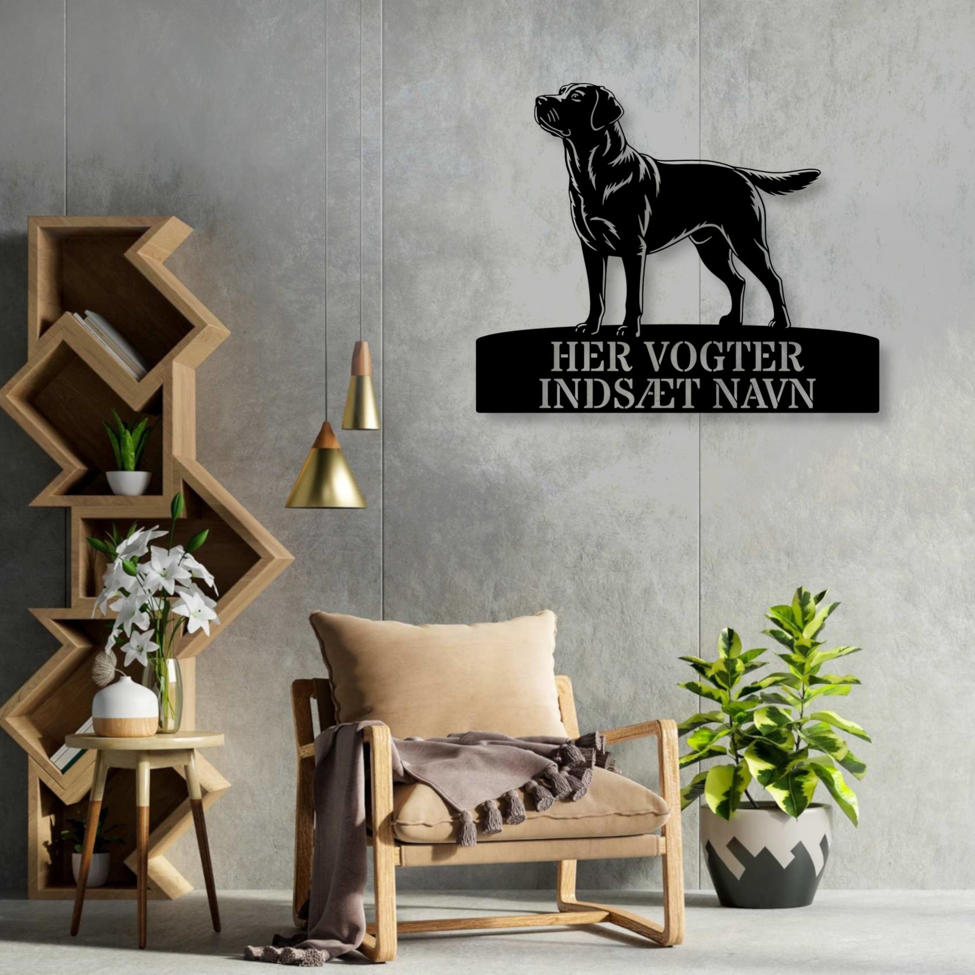 Her vogter jeg. Labrador Retriever metalskilt med personlig navn. Unik hundeejer gaveide....