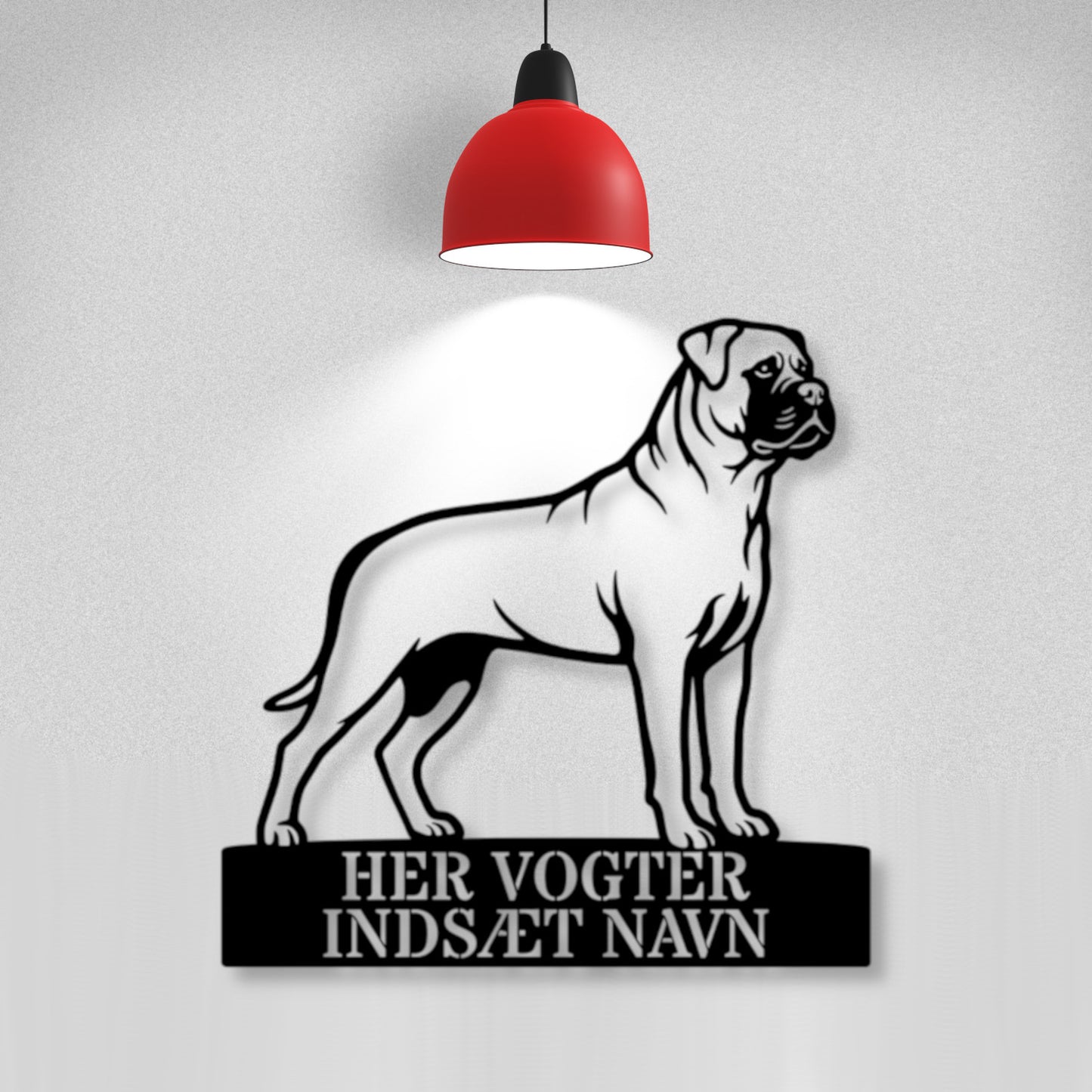 Her vogter jeg. Lys Bullmastiff metal navneskilt....