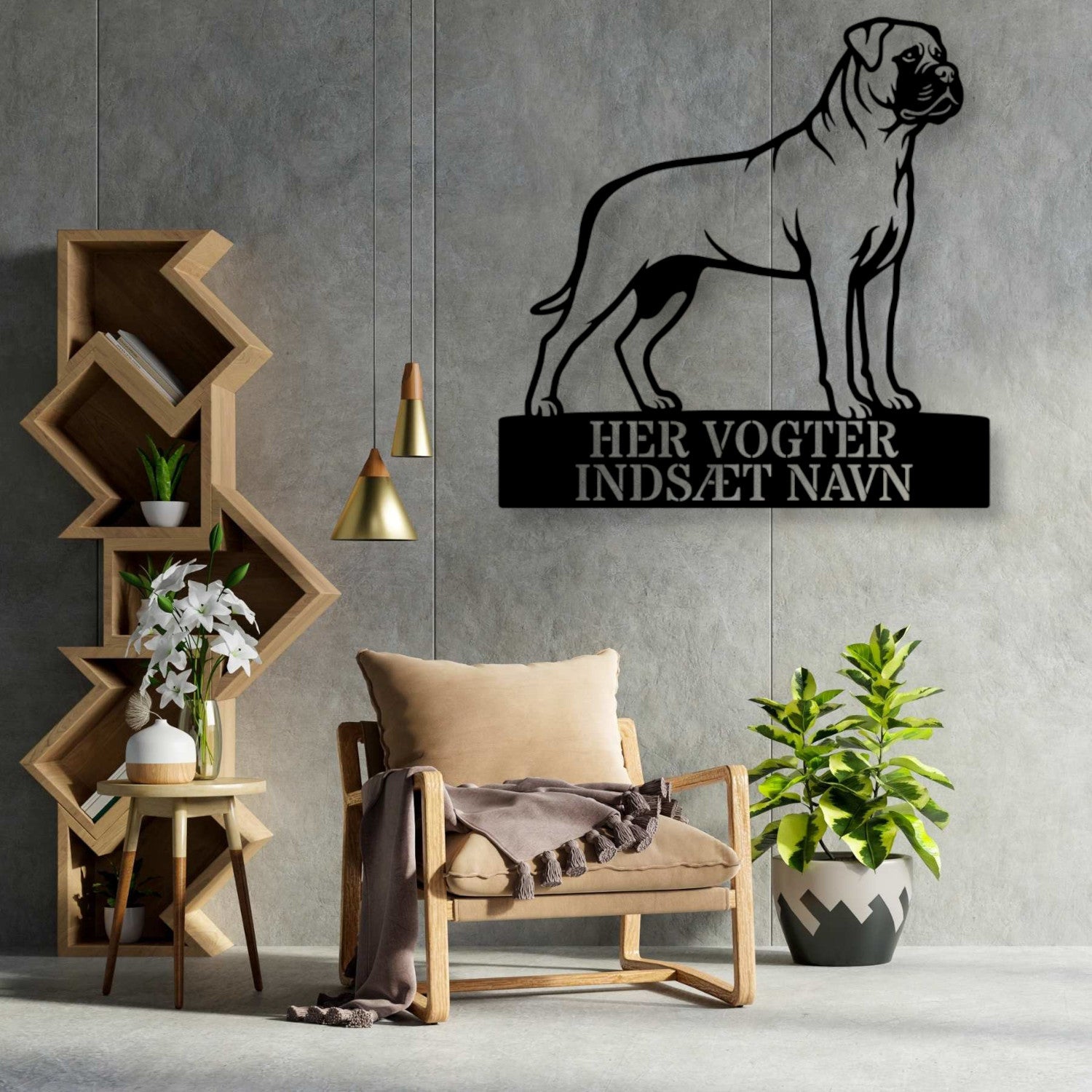 Her vogter jeg. Lys Bullmastiff metal navneskilt..