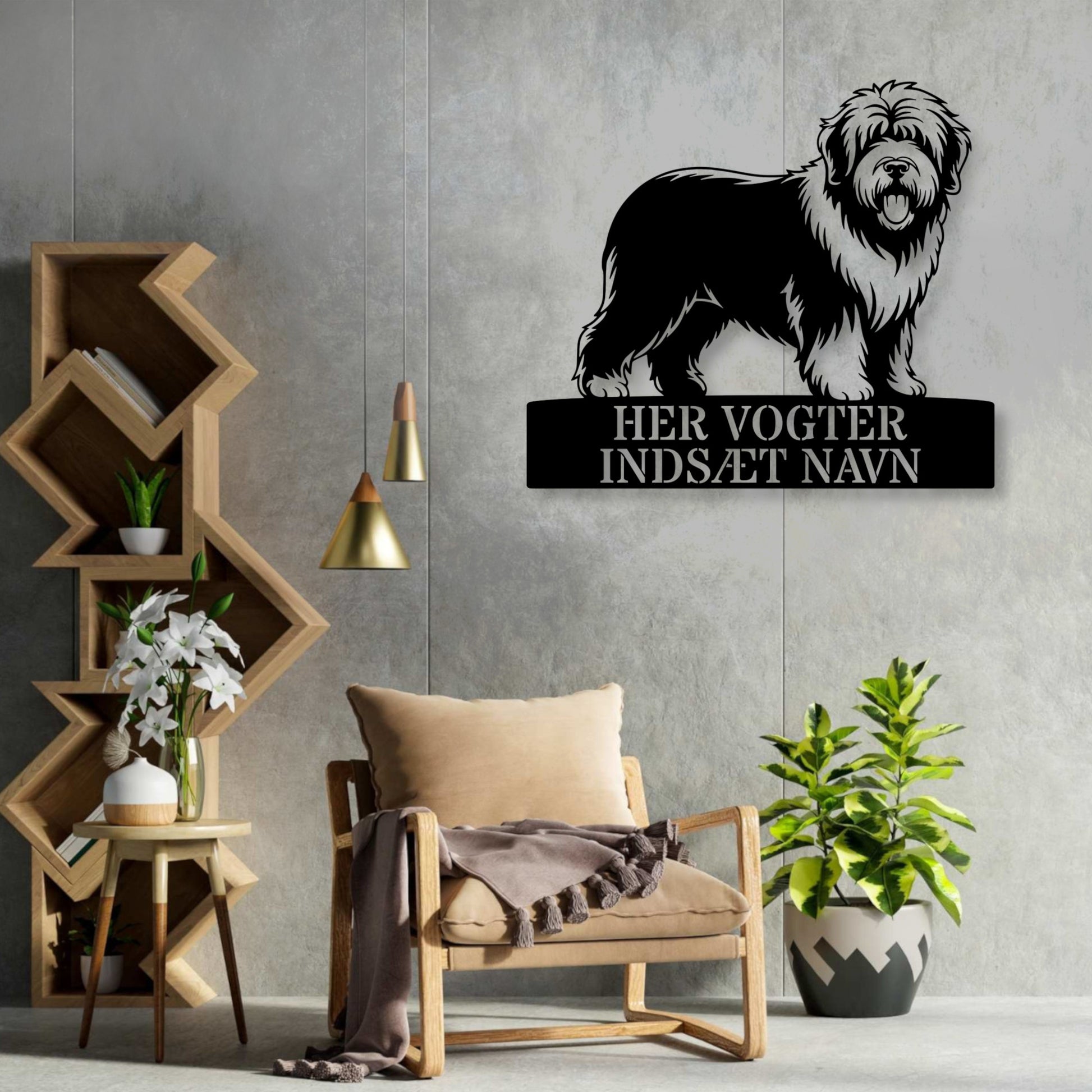 Her vogter jeg. Old English Sheepdog metalskilt med hundenavn. Personlig hundeejer gaveide....