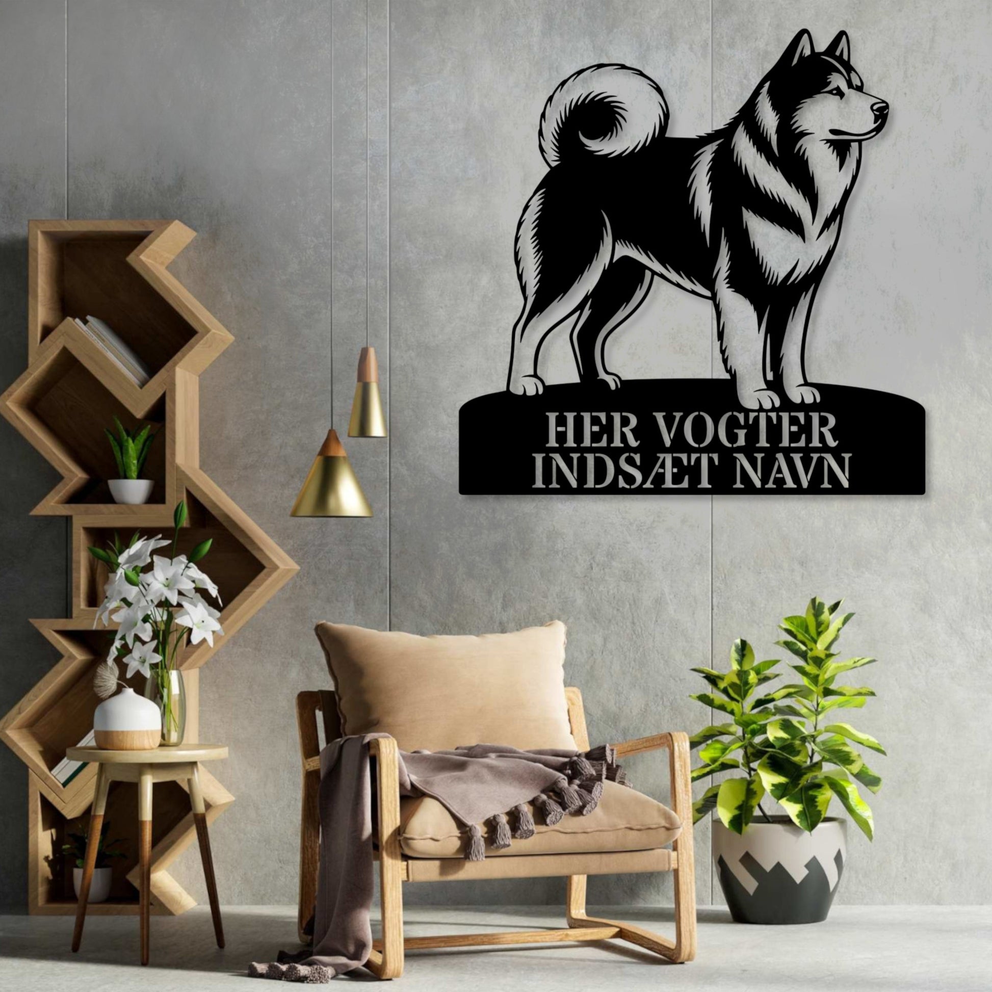 Her vogter jeg. Personlig Alaskan Malamute metal navneskilt....
