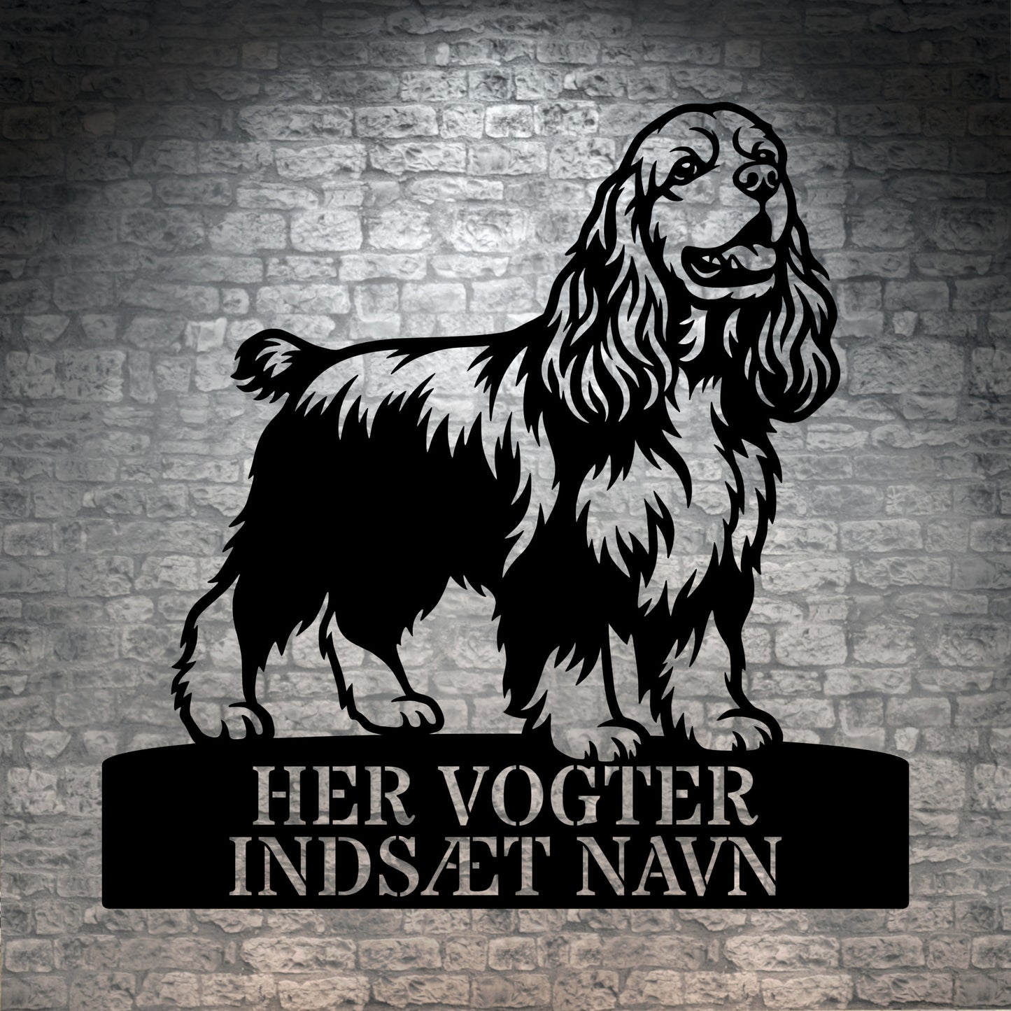 Her vogter jeg. Personlig Amerikansk cocker spaniel metal navneskilt