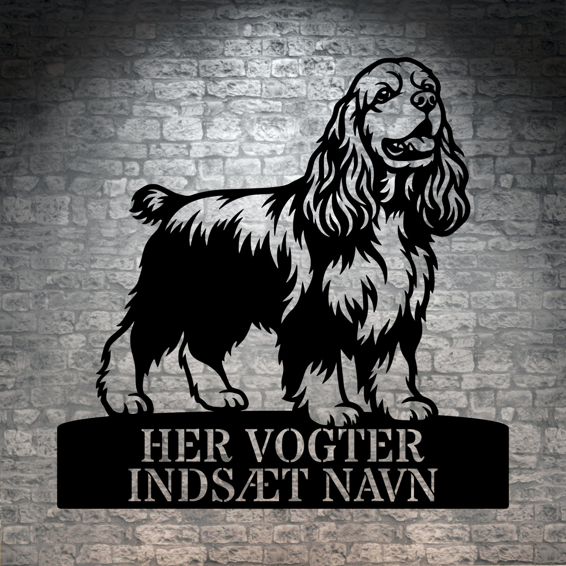 Her vogter jeg. Personlig Amerikansk cocker spaniel metal navneskilt