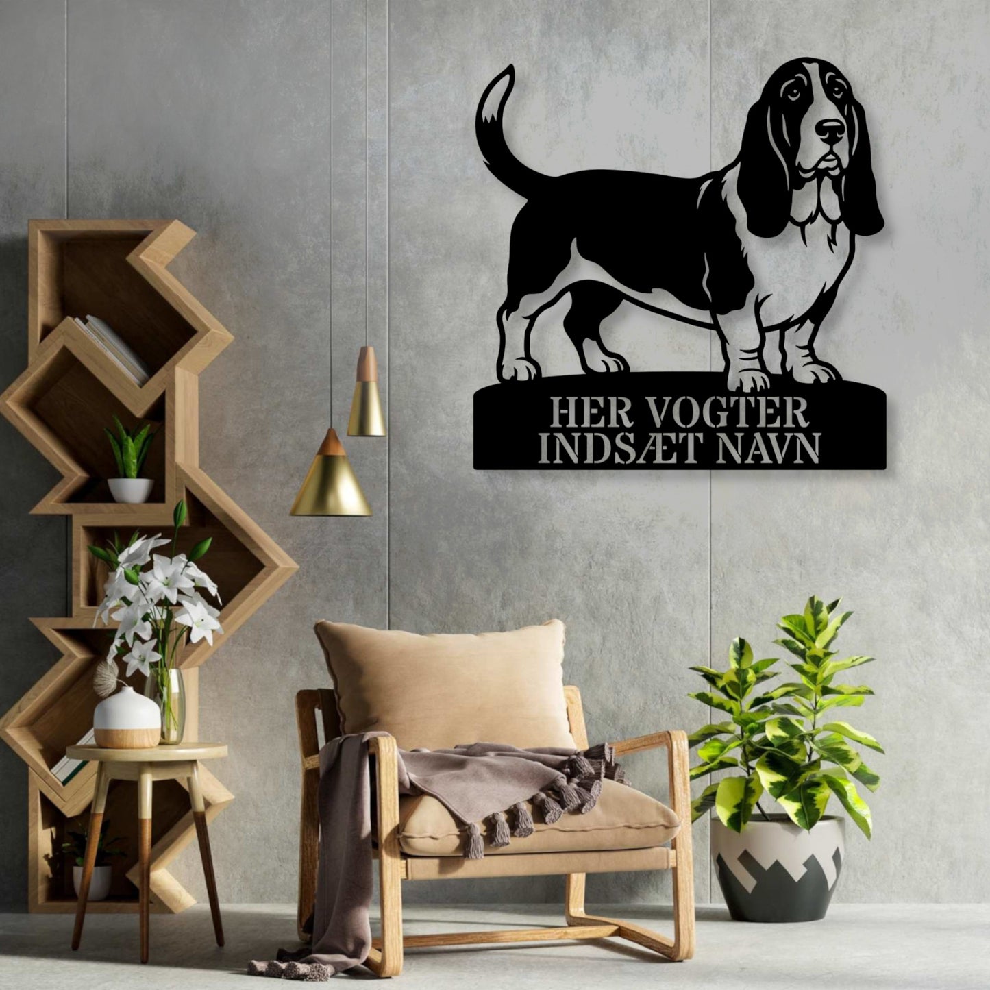 Her vogter jeg. Personlig Basset hound metal navneskilt med personlig tekst....