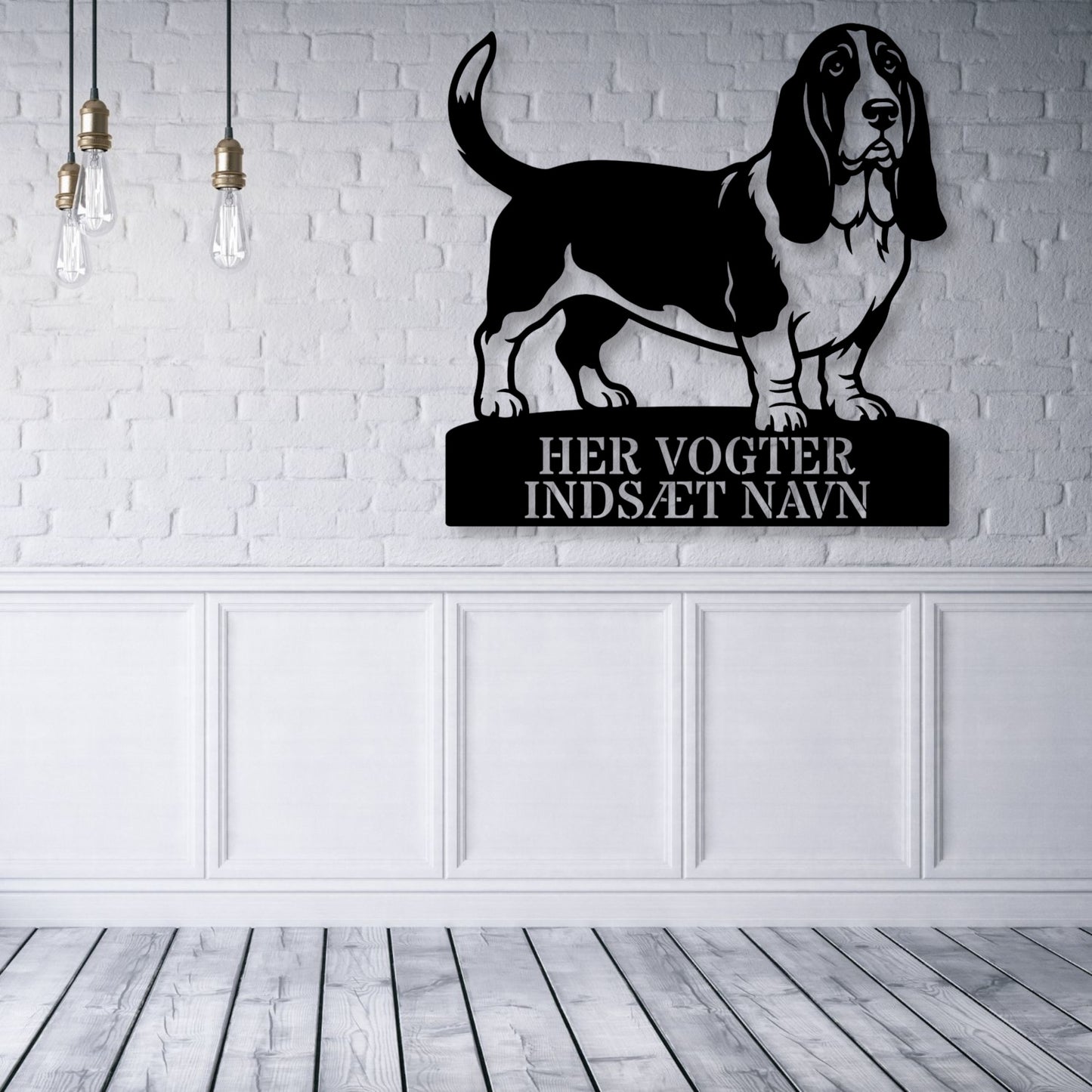 Her vogter jeg. Personlig Basset hound metal navneskilt med personlig tekst...