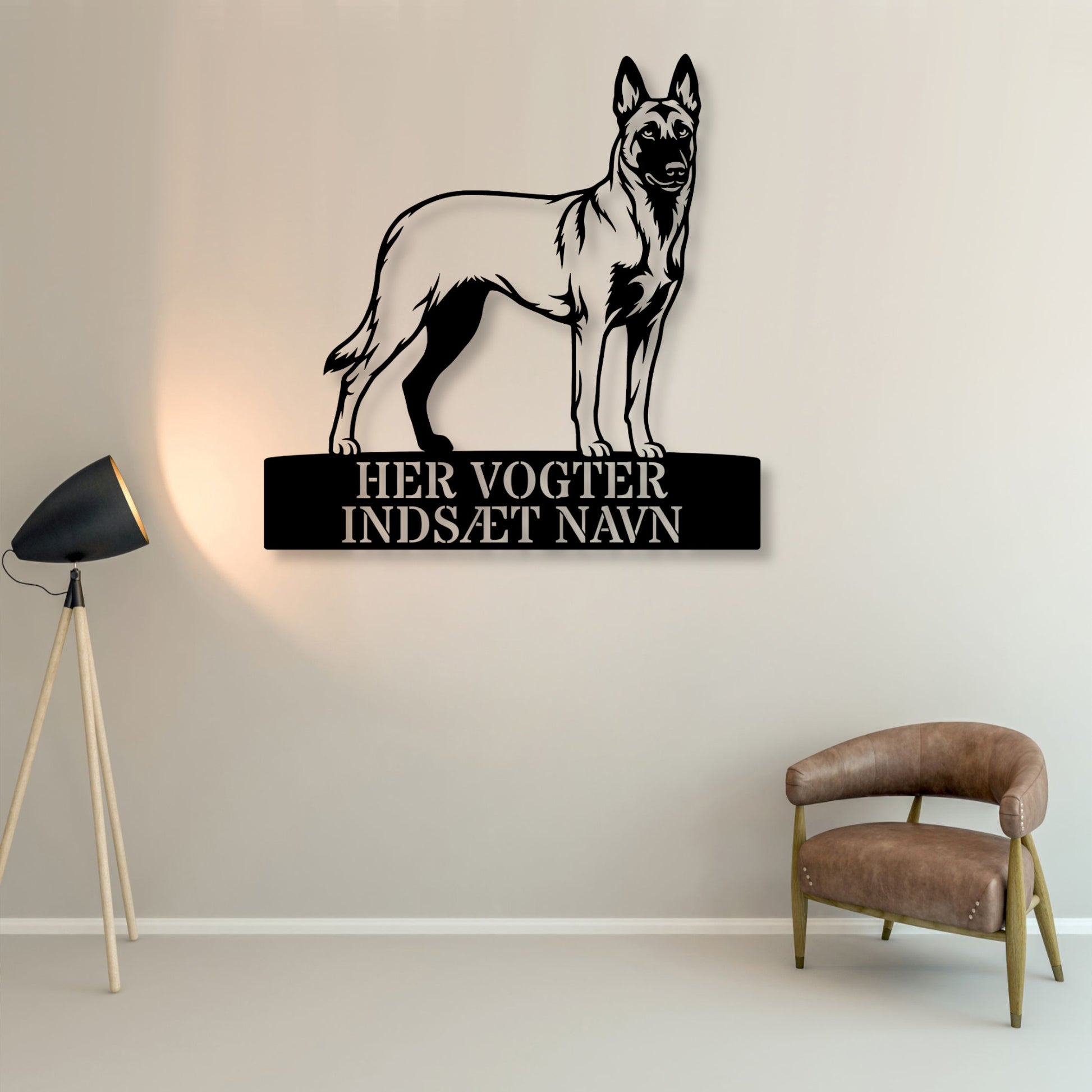 Her vogter jeg. Personlig Belgisk hyrdehund metal navneskilt...