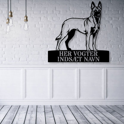 Her vogter jeg. Personlig Belgisk hyrdehund metal navneskilt..