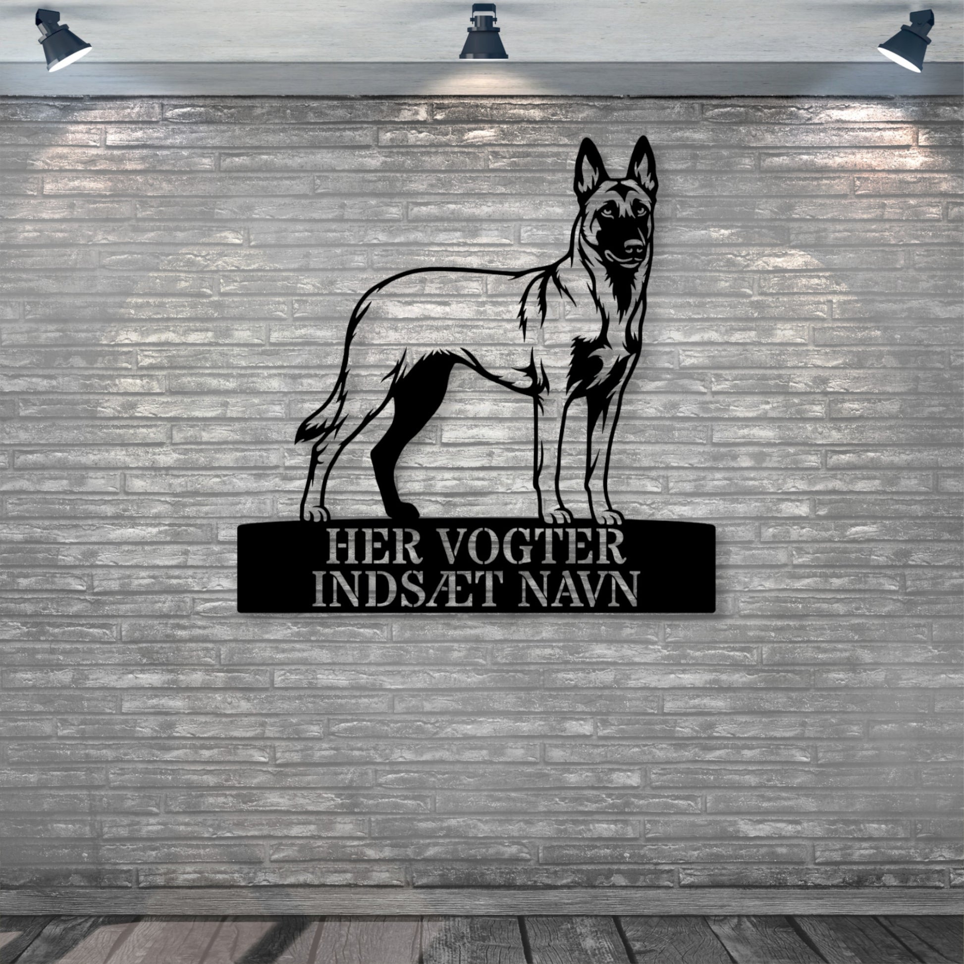 Her vogter jeg. Personlig Belgisk hyrdehund metal navneskilt.