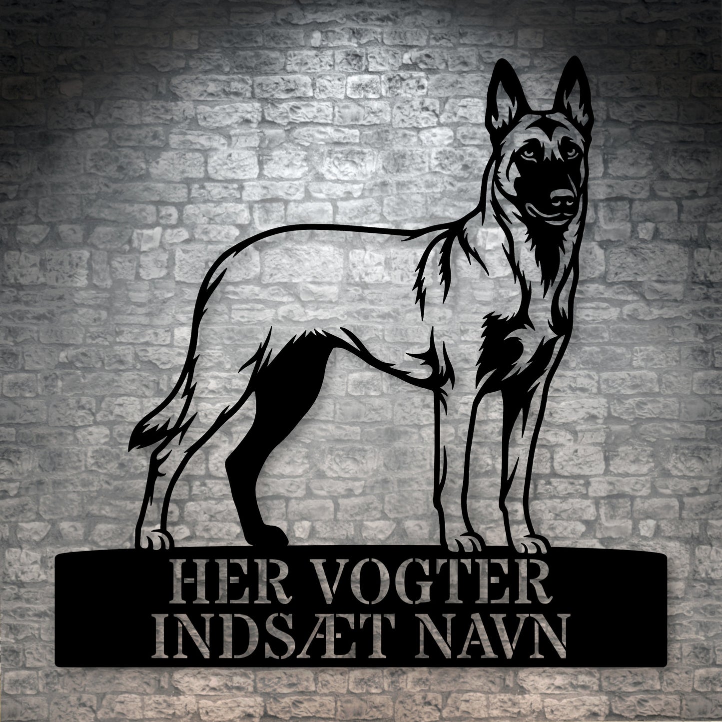 Her vogter jeg. Personlig Belgisk hyrdehund metal navneskilt
