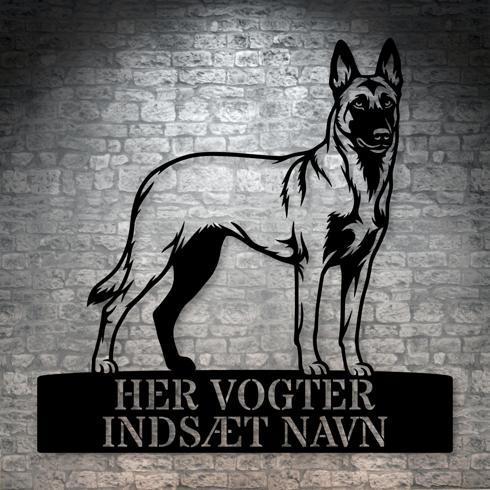 Her vogter jeg. Personlig Belgisk hyrdehund metal navneskilt