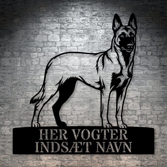 Her vogter jeg. Personlig Belgisk hyrdehund metal navneskilt