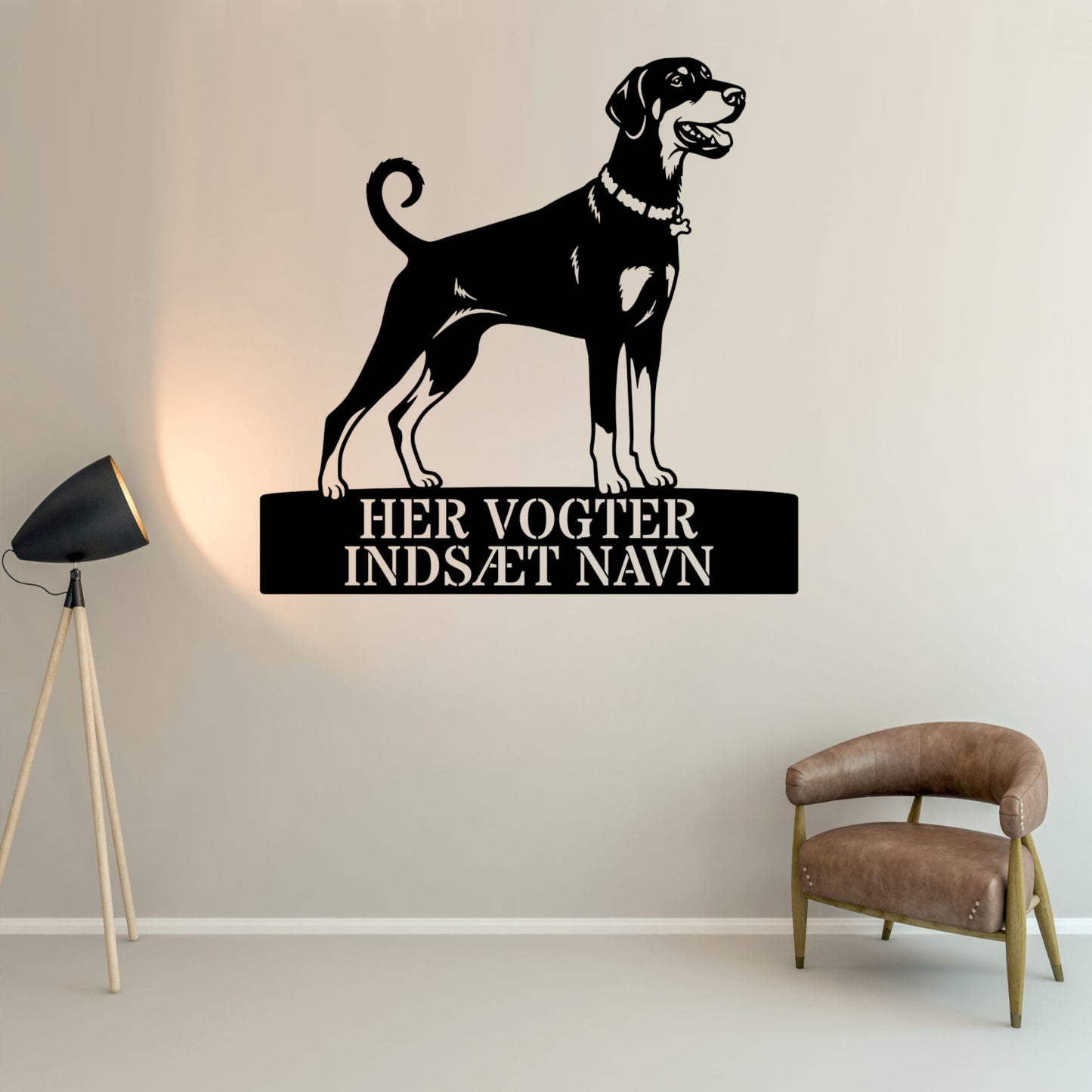 Her vogter jeg. Personlig Doberman metal navneskilt....