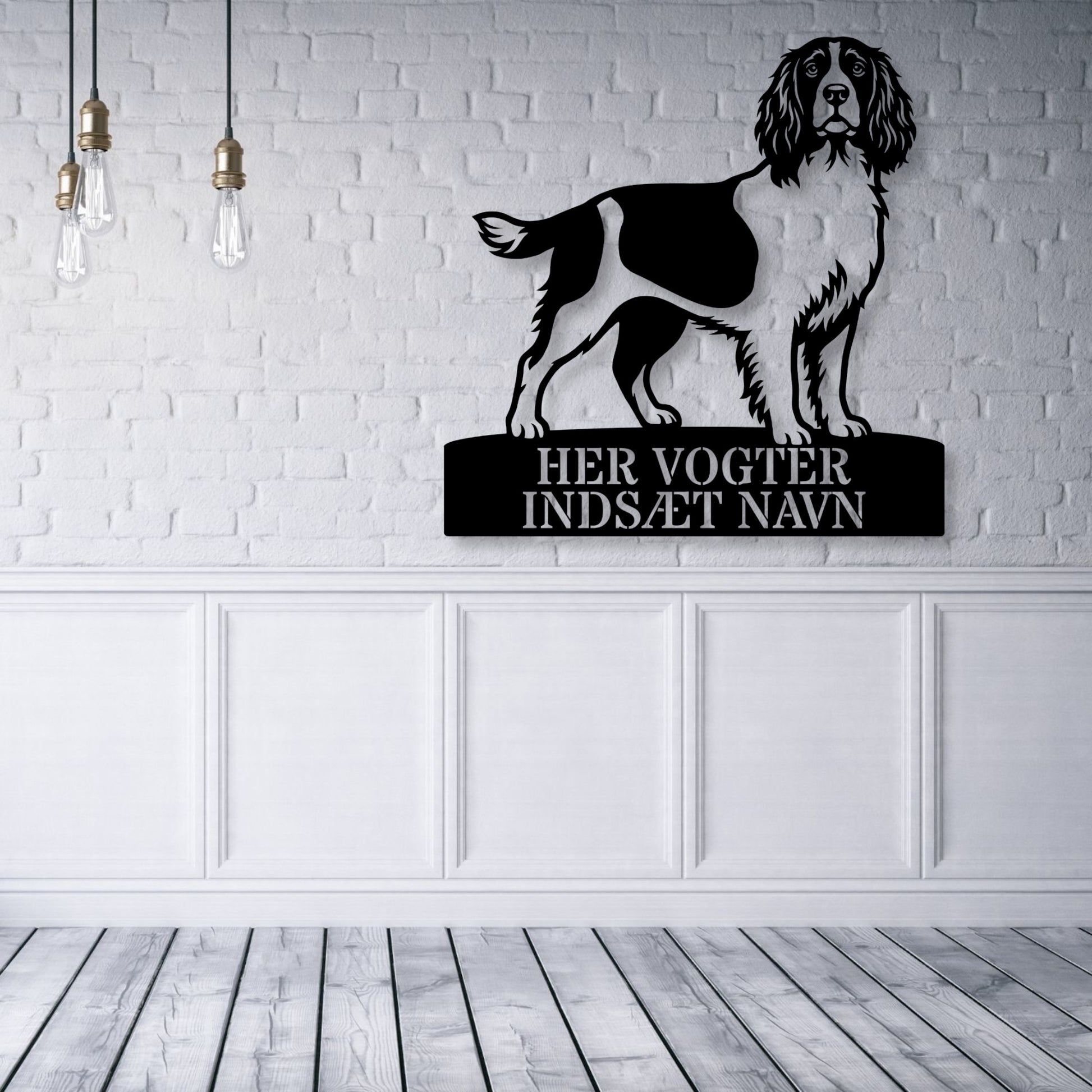 Her vogter jeg. Personlig Engelsk Springer Spaniel metal navneskilt...