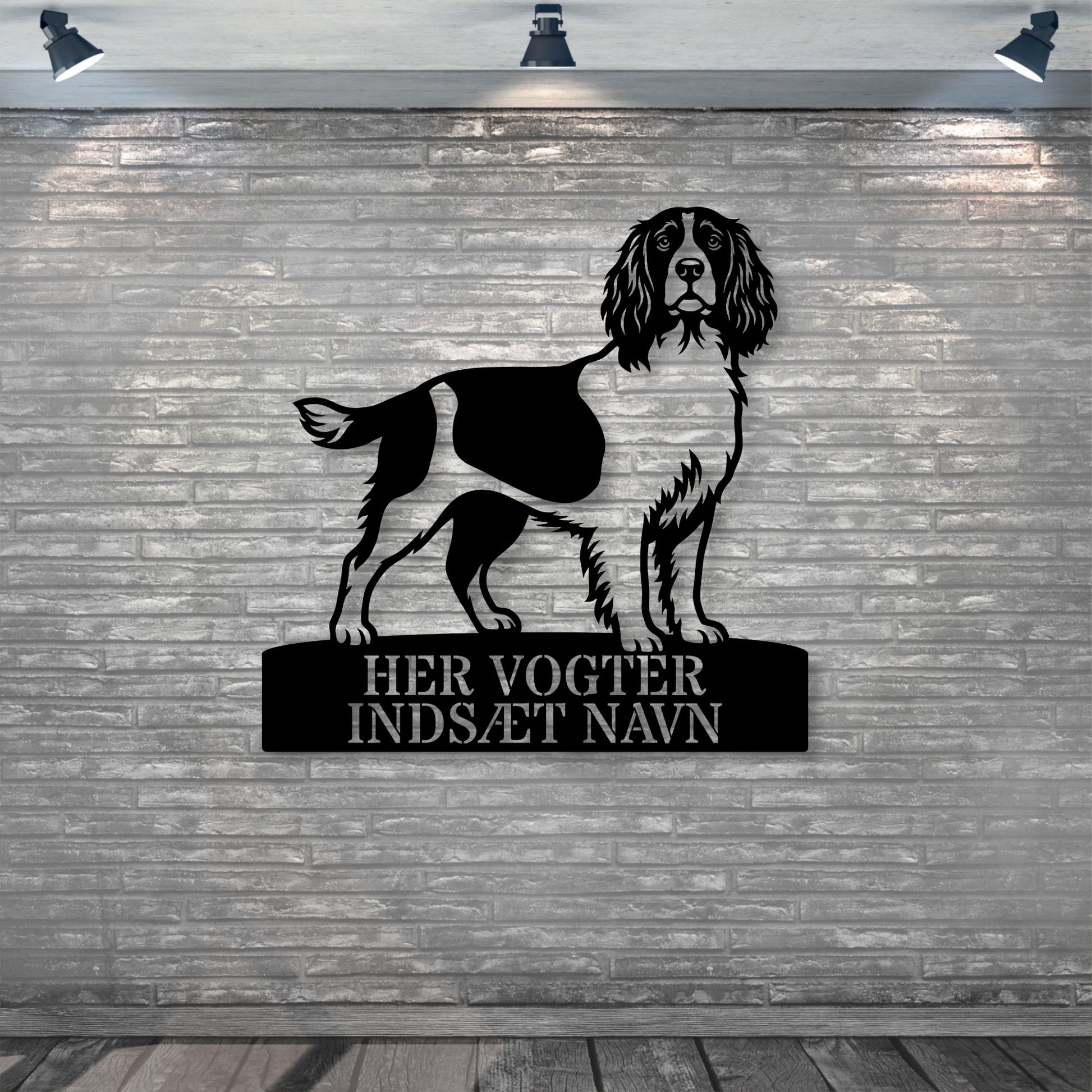 Her vogter jeg. Personlig Engelsk Springer Spaniel metal navneskilt..