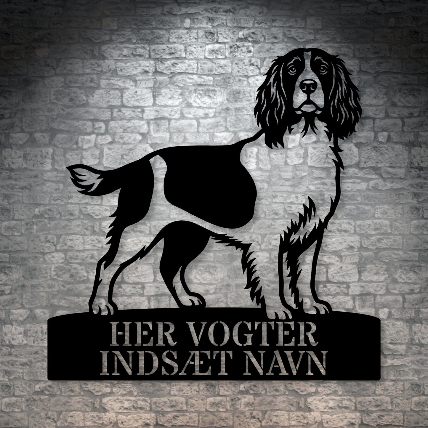 Her vogter jeg. Personlig Engelsk Springer Spaniel metal navneskilt