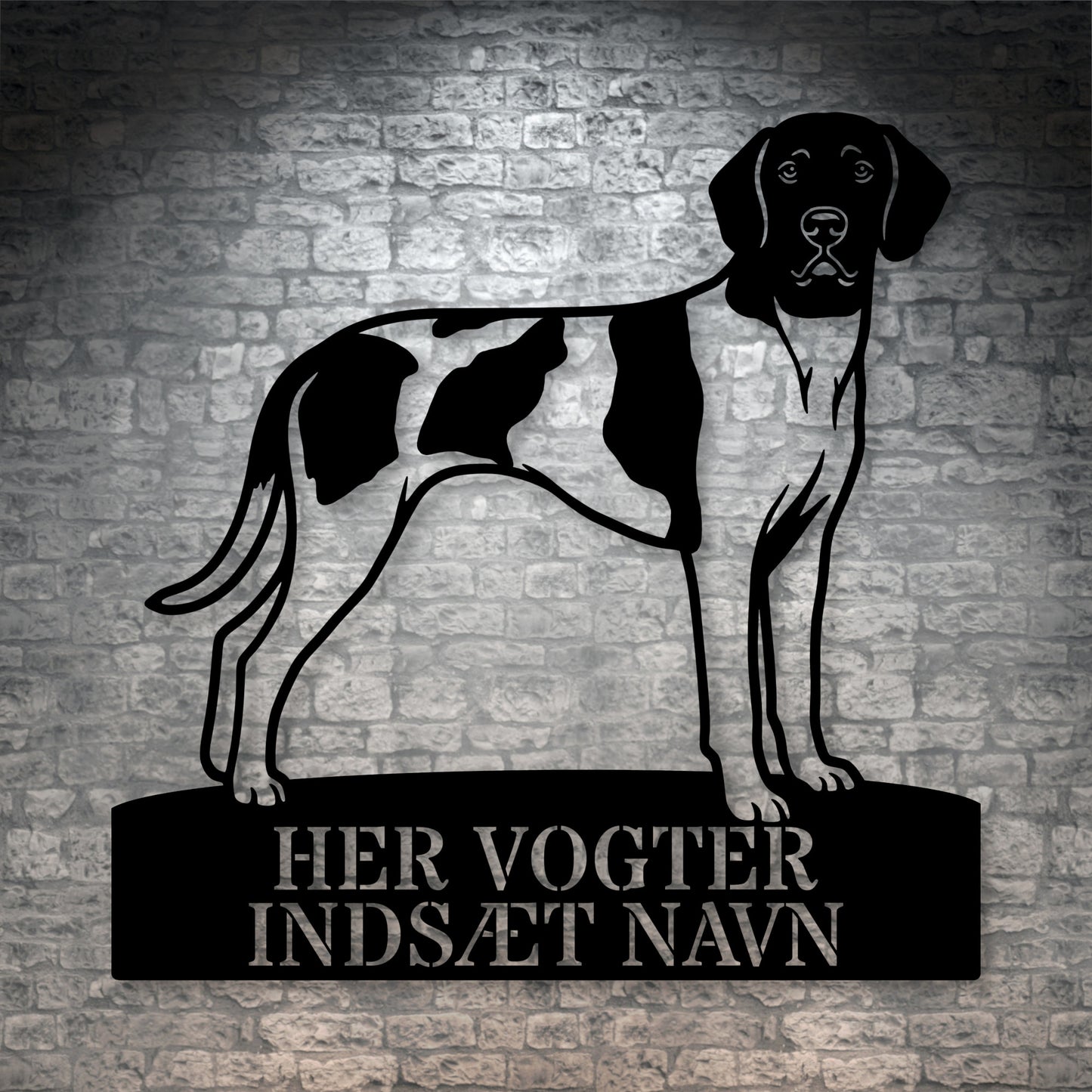 Her vogter jeg. Personlig Gammel Dansk hønsehund metal navneskilt.