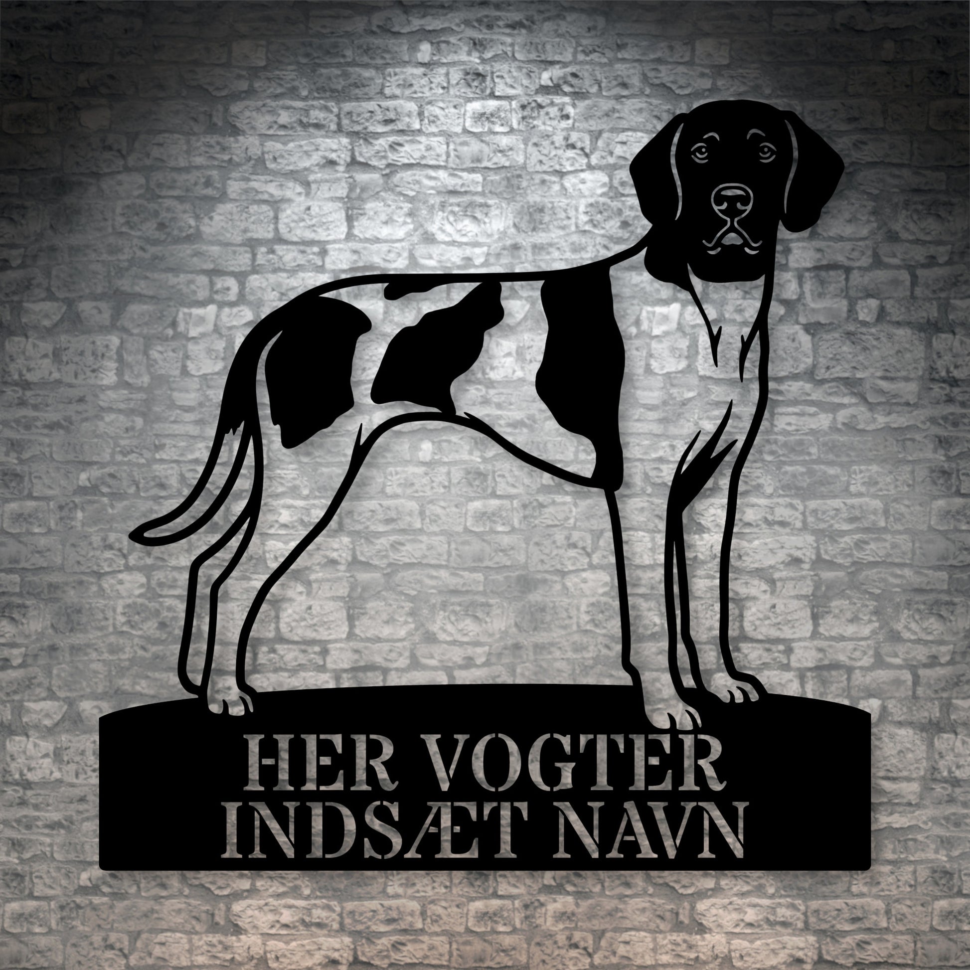 Her vogter jeg. Personlig Gammel Dansk hønsehund metal navneskilt.