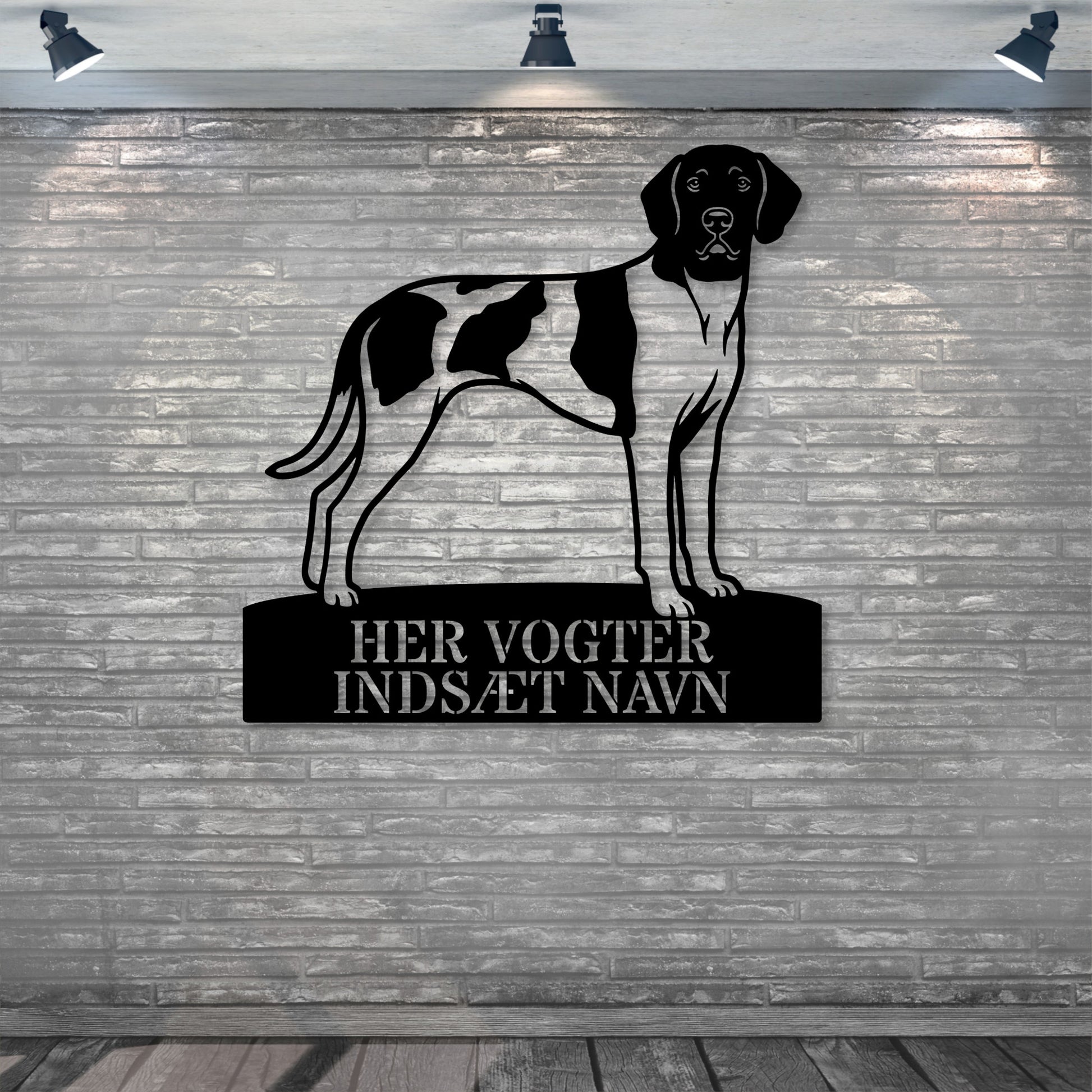 Her vogter jeg. Personlig Gammel Dansk hønsehund metal navneskilt