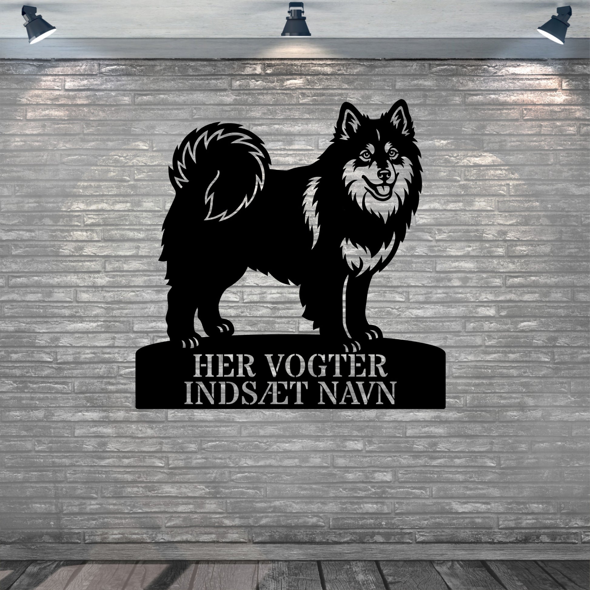 Her vogter jeg. Personlig Svensk lapphund stort metal navneskilt.