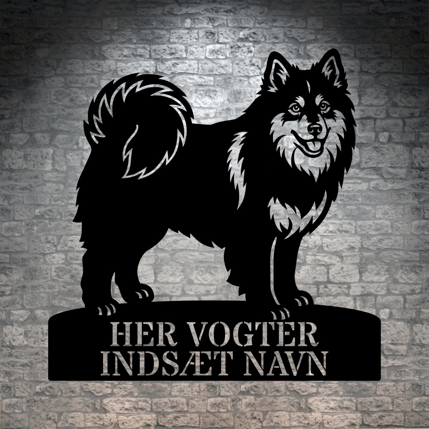 Her vogter jeg. Personlig Svensk lapphund stort metal navneskilt