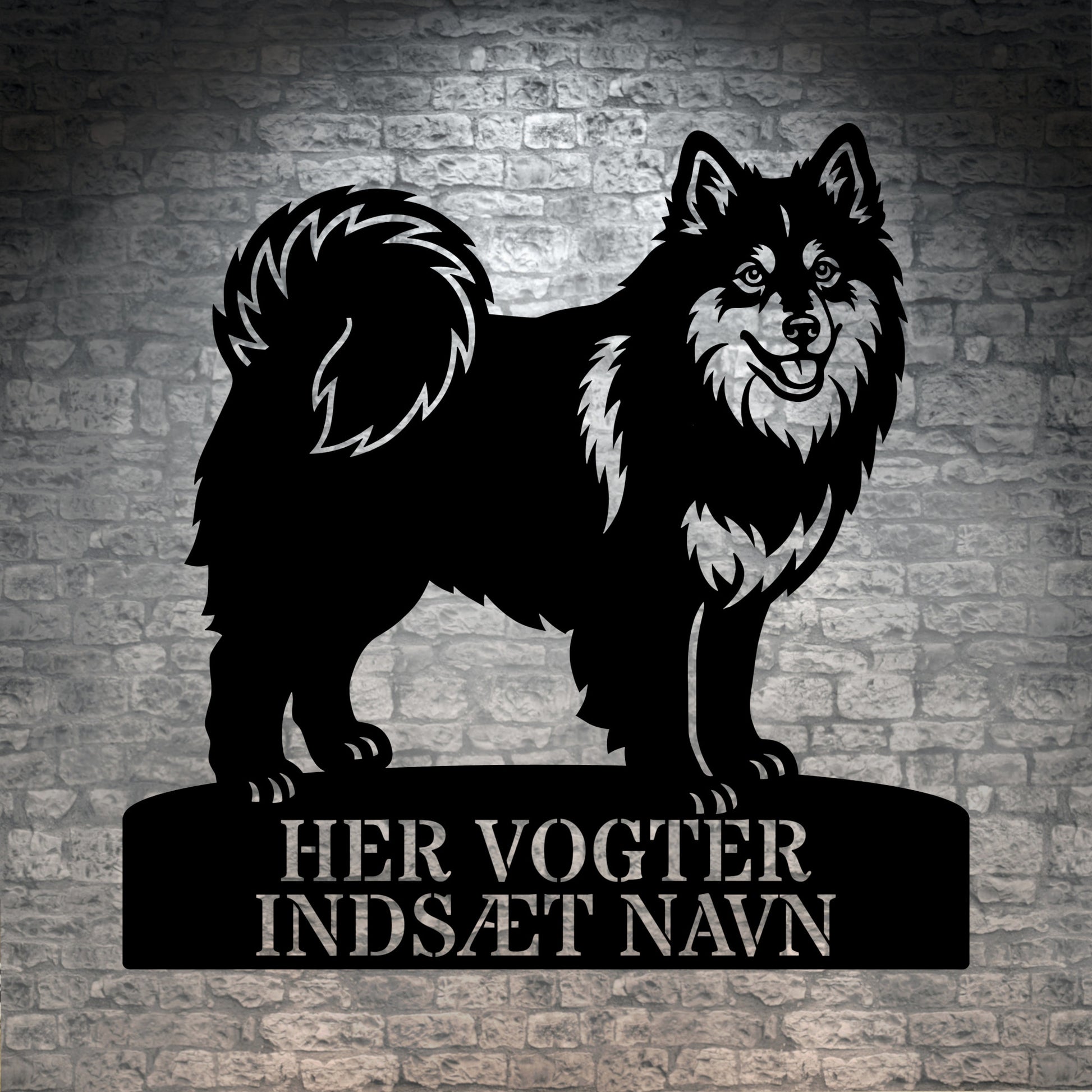 Her vogter jeg. Personlig Svensk lapphund stort metal navneskilt