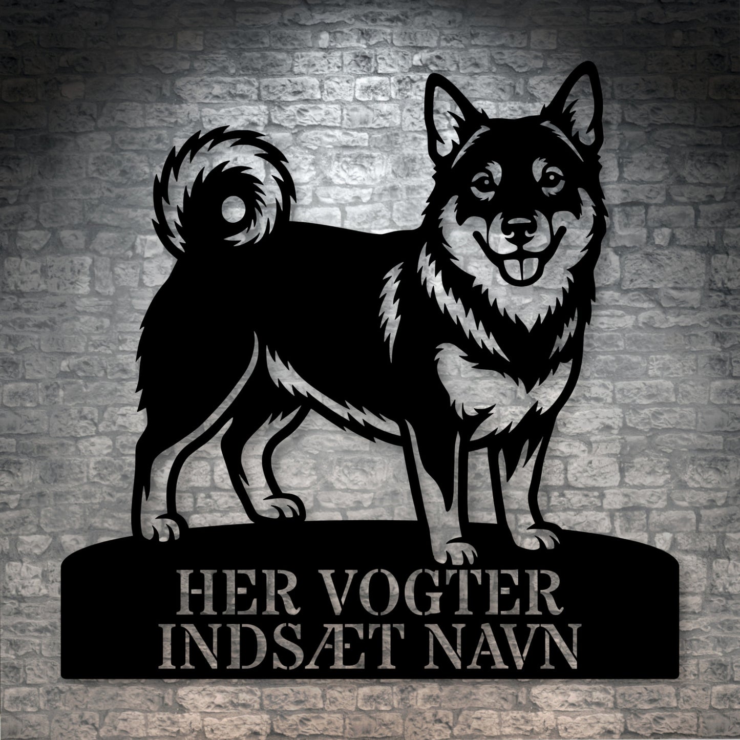 Her vogter jeg. Personlig Västgötaspids metal navneskilt