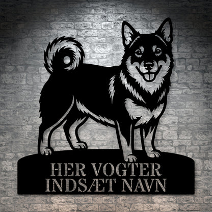 Her vogter jeg. Personlig Västgötaspids metal navneskilt