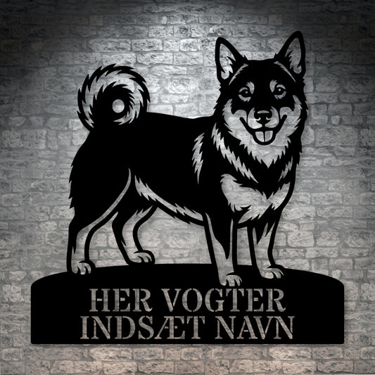 Her vogter jeg. Personlig Västgötaspids metal navneskilt