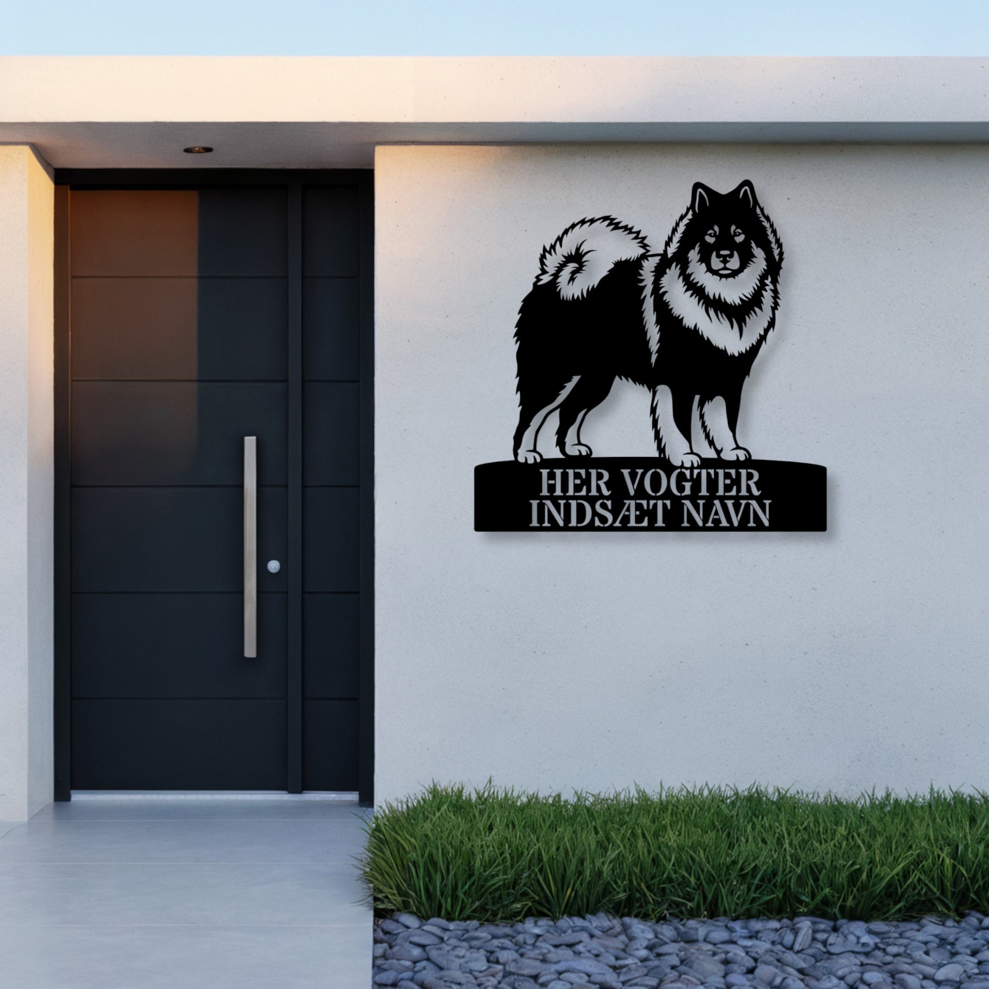 Her vogter jeg. Personlig eurasier metal navneskilt med valgfri tekst......