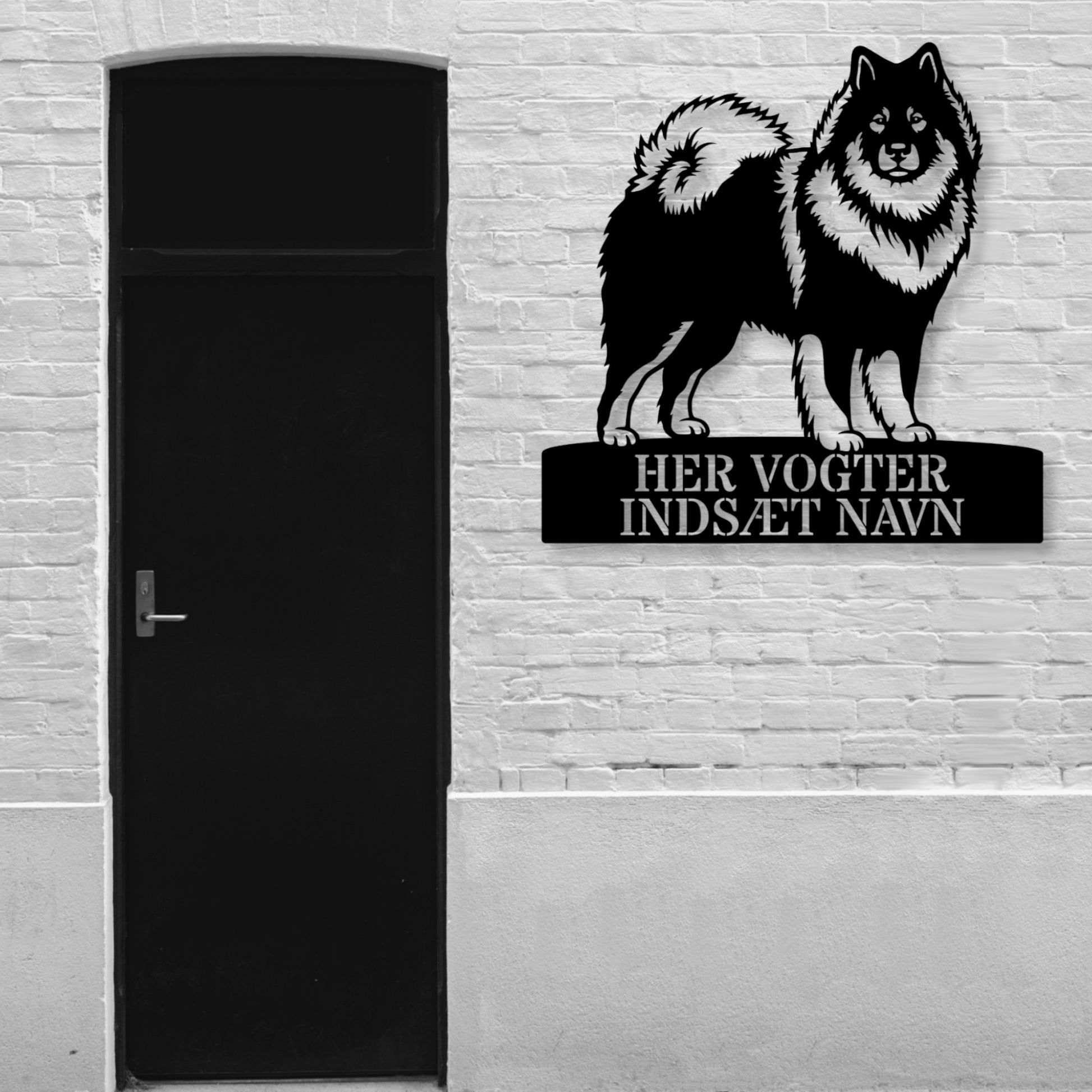 Her vogter jeg. Personlig eurasier metal navneskilt med valgfri tekst.....