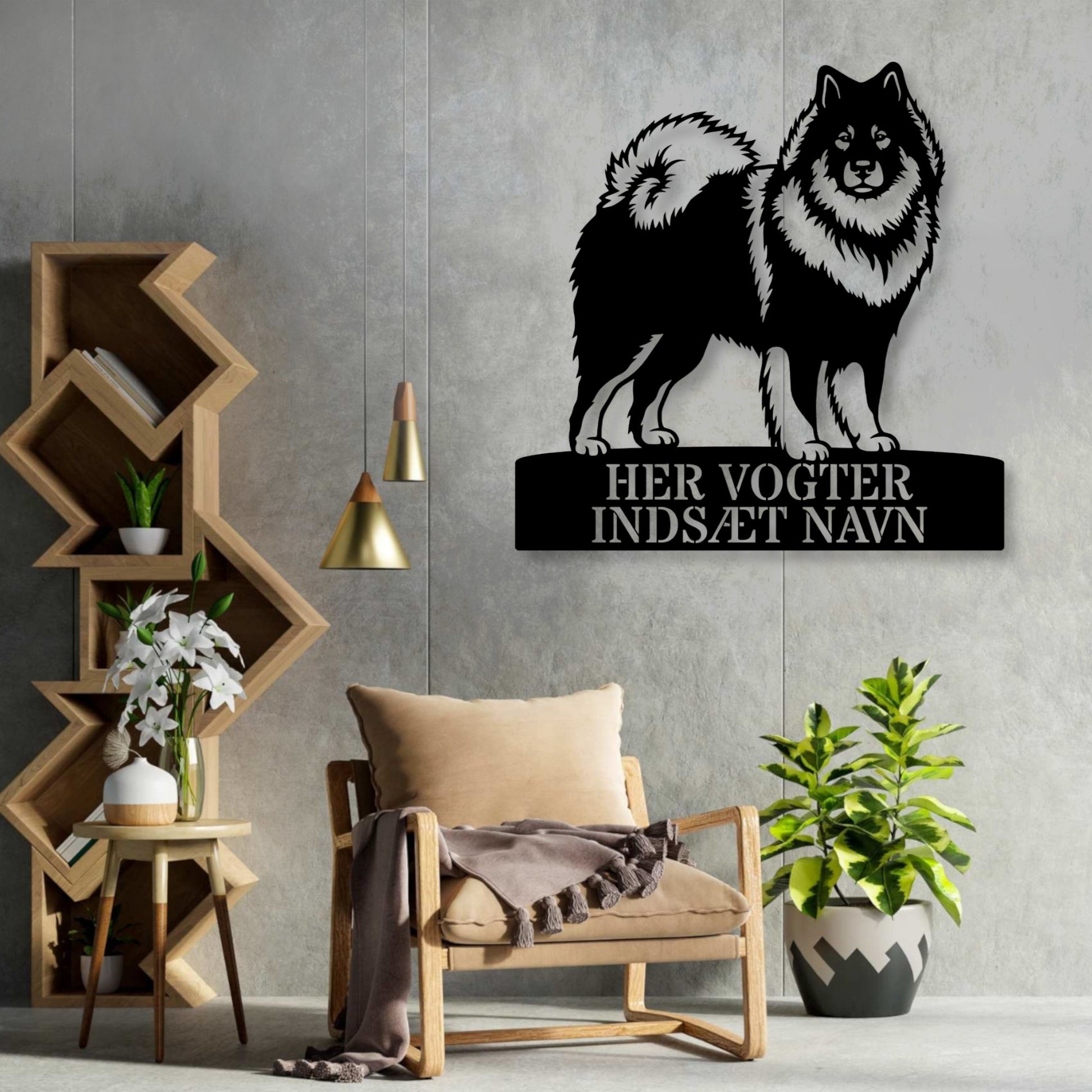 Her vogter jeg. Personlig eurasier metal navneskilt med valgfri tekst....