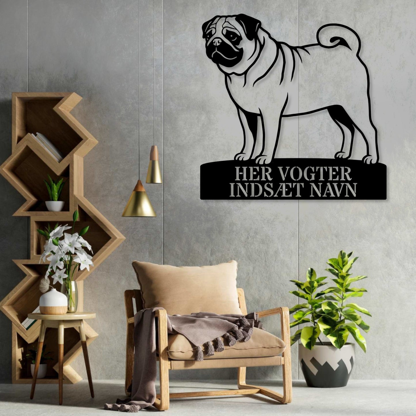 Her vogter jeg. Personlig mops hunde metal navneskilt....