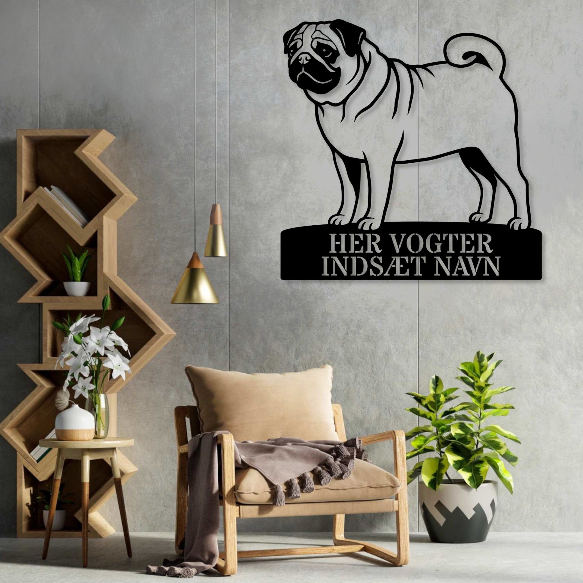 Her vogter jeg. Personlig mops hunde metal navneskilt....