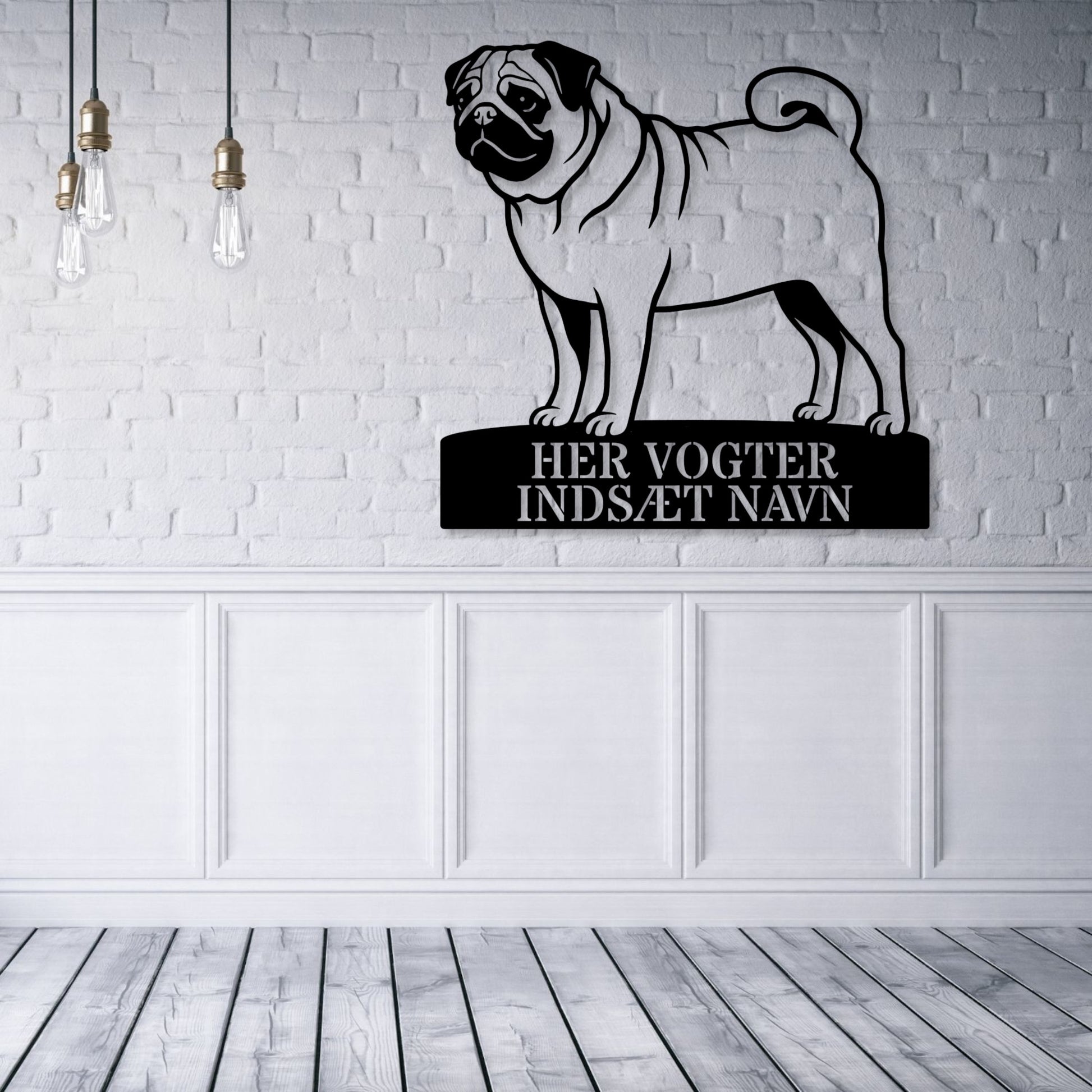 Her vogter jeg. Personlig mops hunde metal navneskilt...