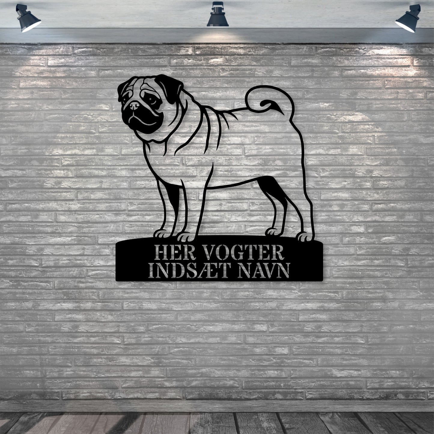 Her vogter jeg. Personlig mops hunde metal navneskilt..