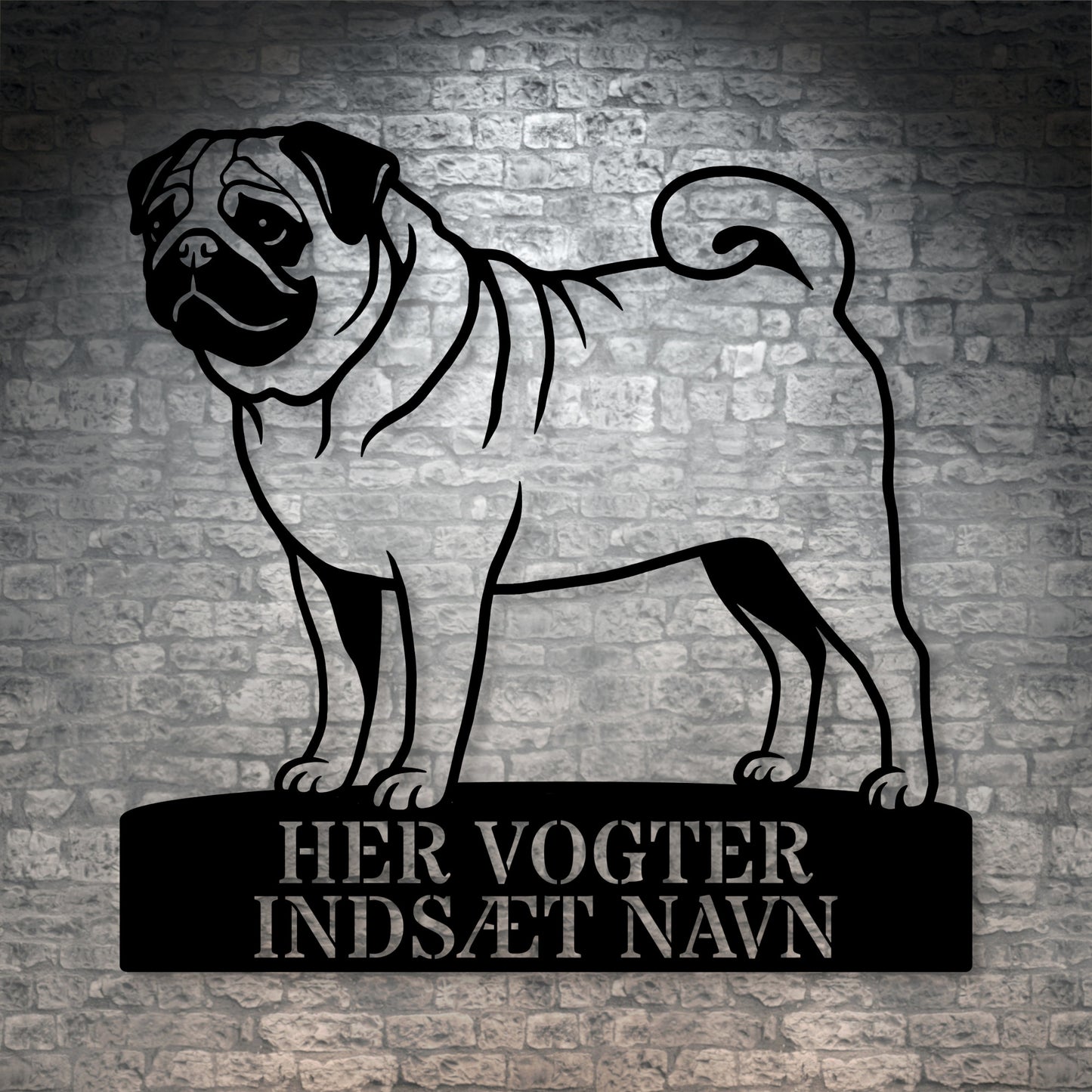 Her vogter jeg. Personlig mops hunde metal navneskilt