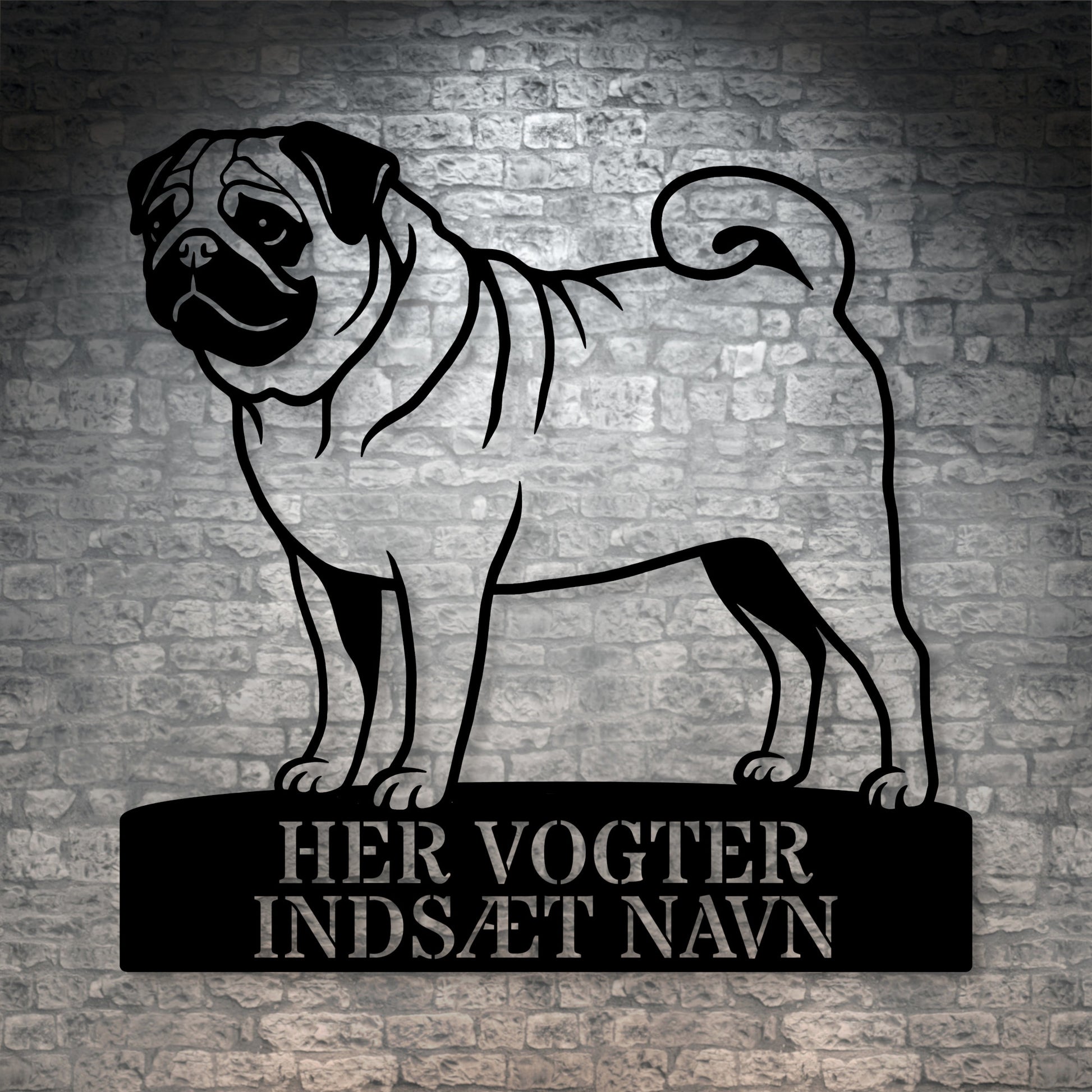 Her vogter jeg. Personlig mops hunde metal navneskilt