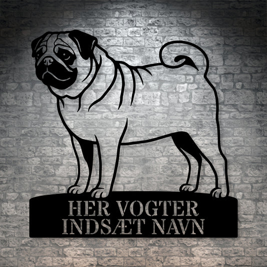 Her vogter jeg. Personlig mops hunde metal navneskilt