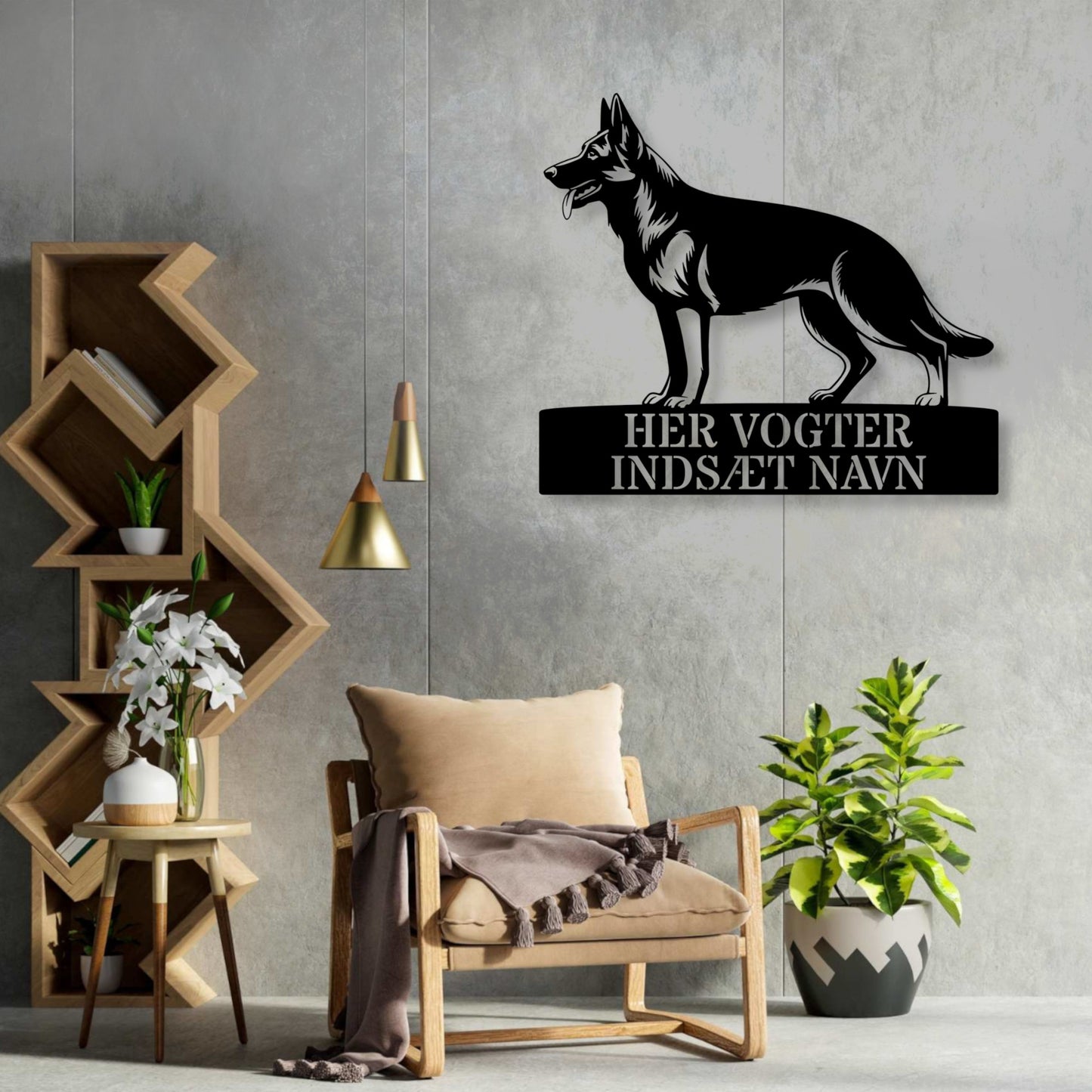 Her vogter jeg. Schæferhund metalskilt med personlig navn. Unik hundeejer gaveide....