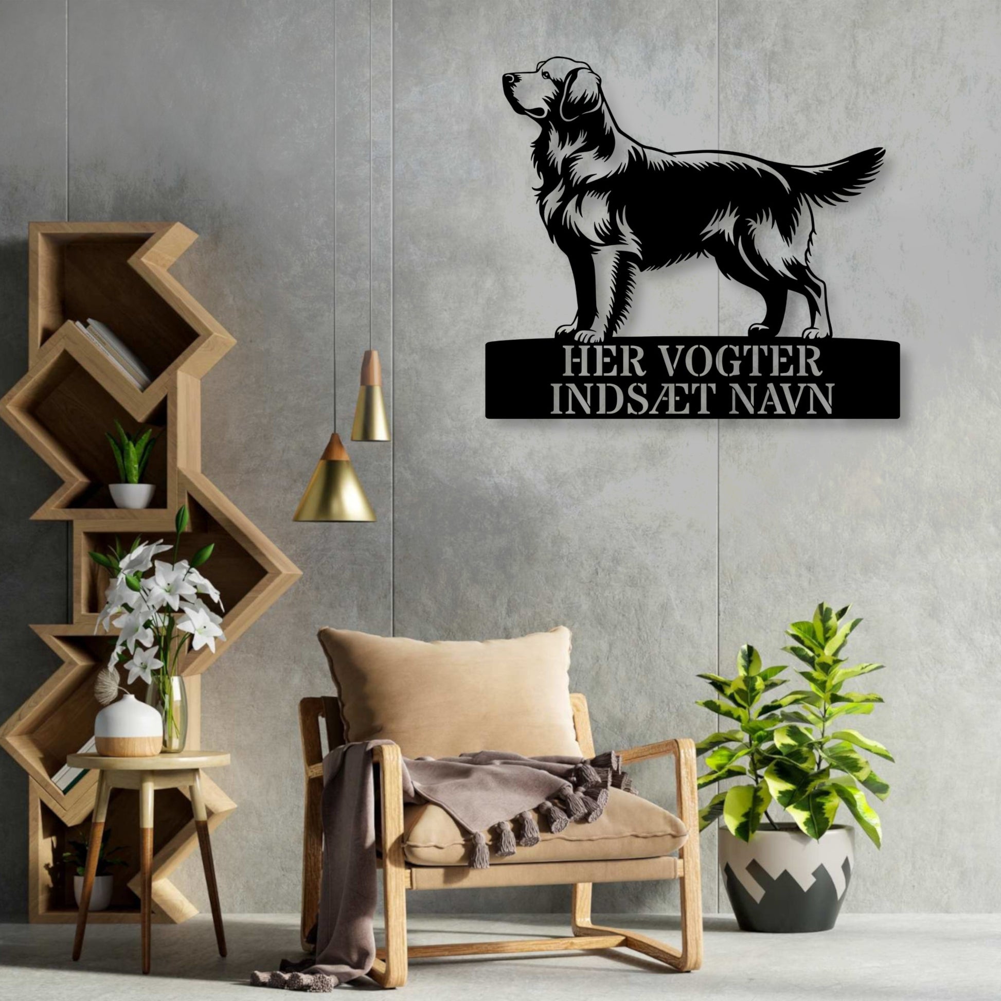 Her vogter jeg. Stort Golden Retriever metalskilt med personlig navn. Unik hundeejer gaveide....