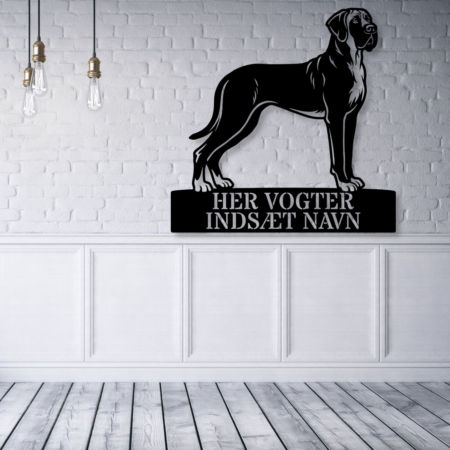 Her vogter jeg. Stort Mørk granddanois metal navneskilt...
