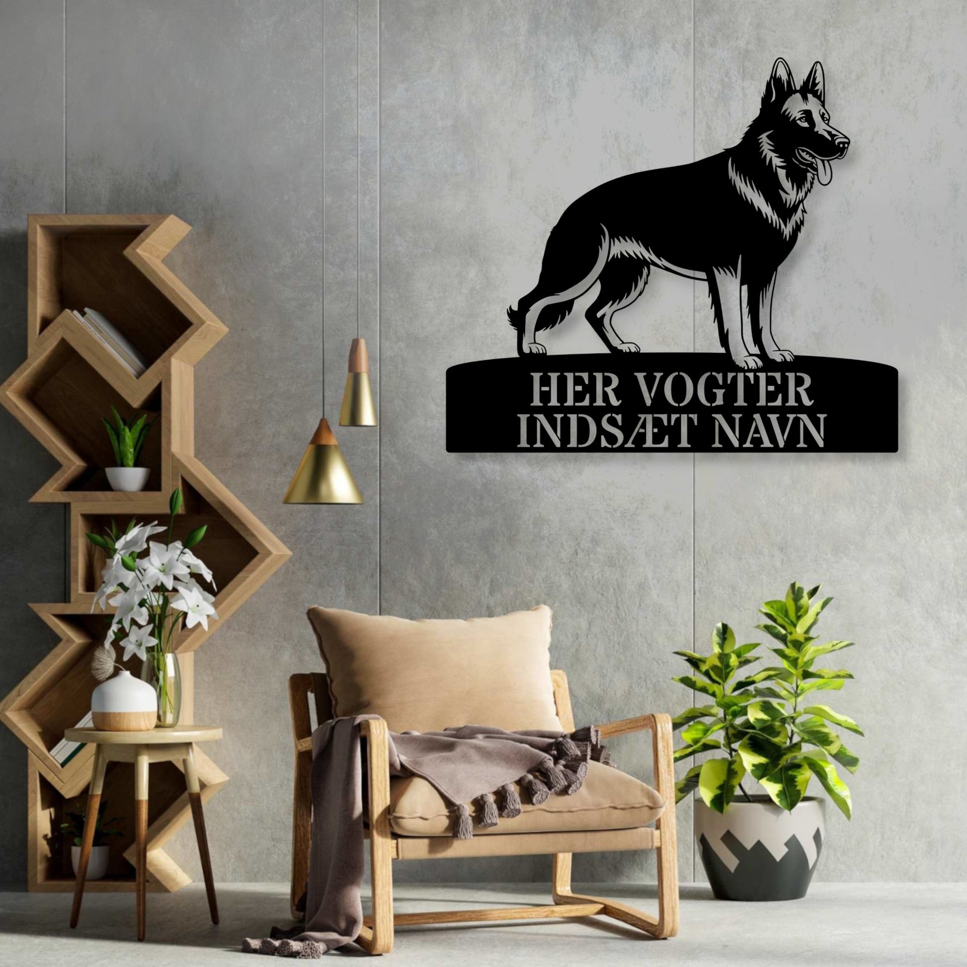 Her vogter jeg. Stort schæferhund metalskilt med personlig navn. Unik hundeejer gaveide....